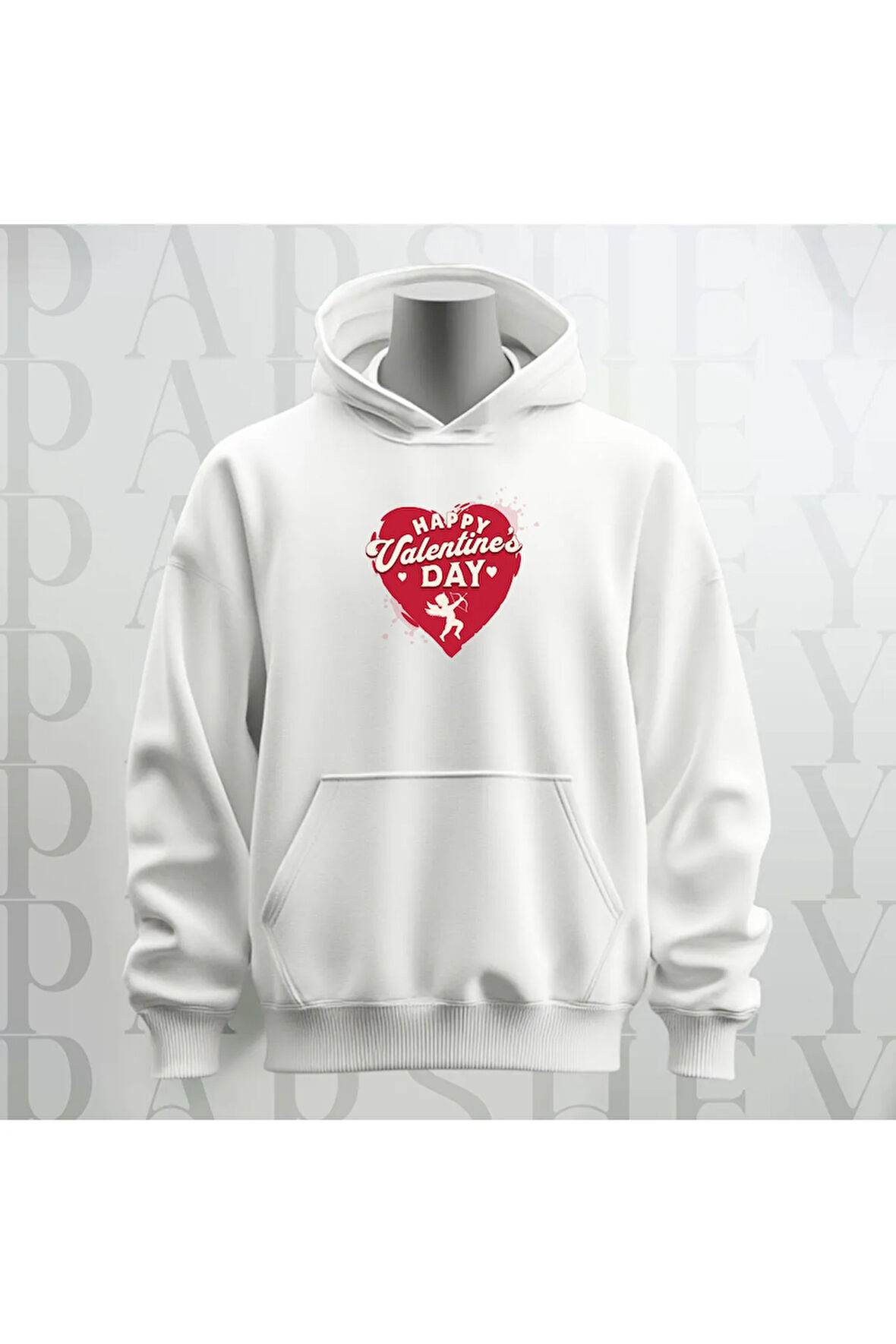 Happy Valentine's Day Kalp Desenli Kapüşonlu Oversize Sweatshirt Hoodie Kalın Kumaş 3 İplik Şardonlu