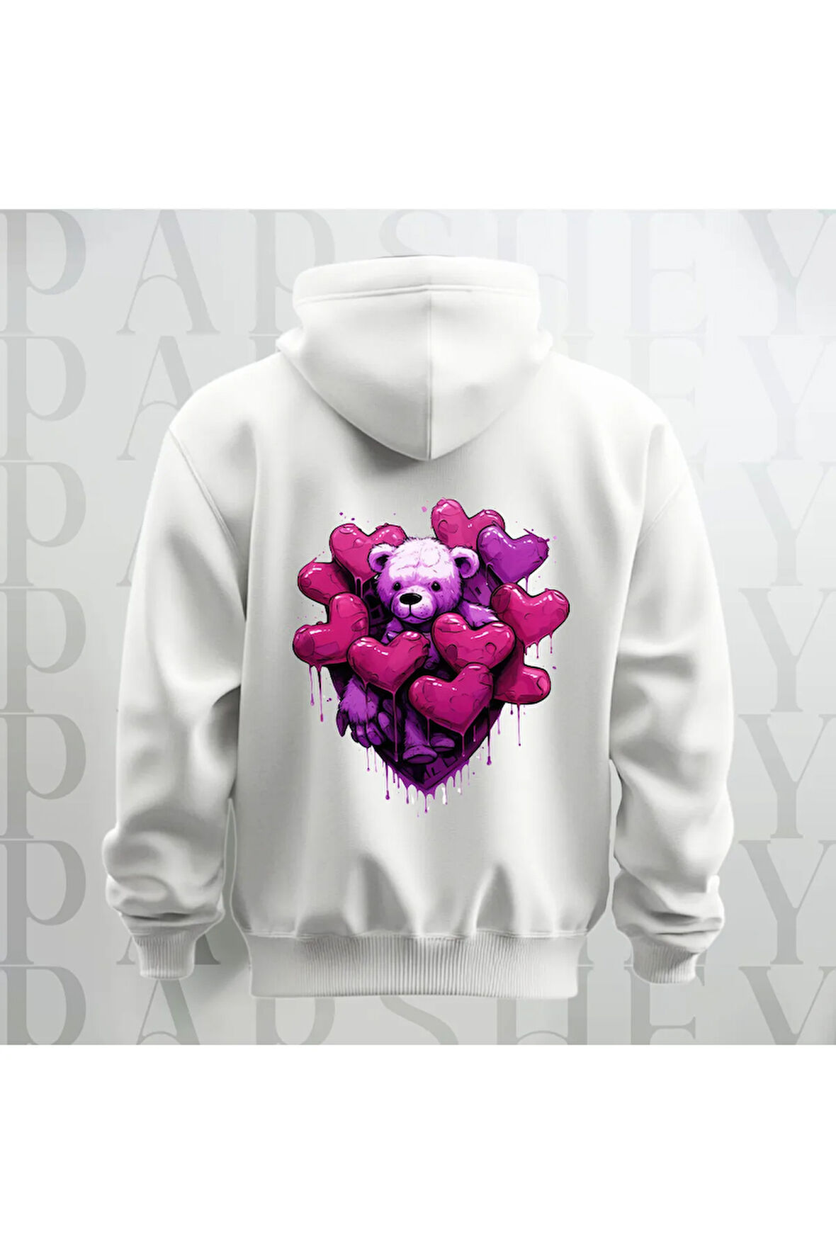 Love Teddy Deseni Baskılı Kapüşonlu Sweatshirt Hoodie Yünlü Kalın Kumaş 3 İplik Şardonlu