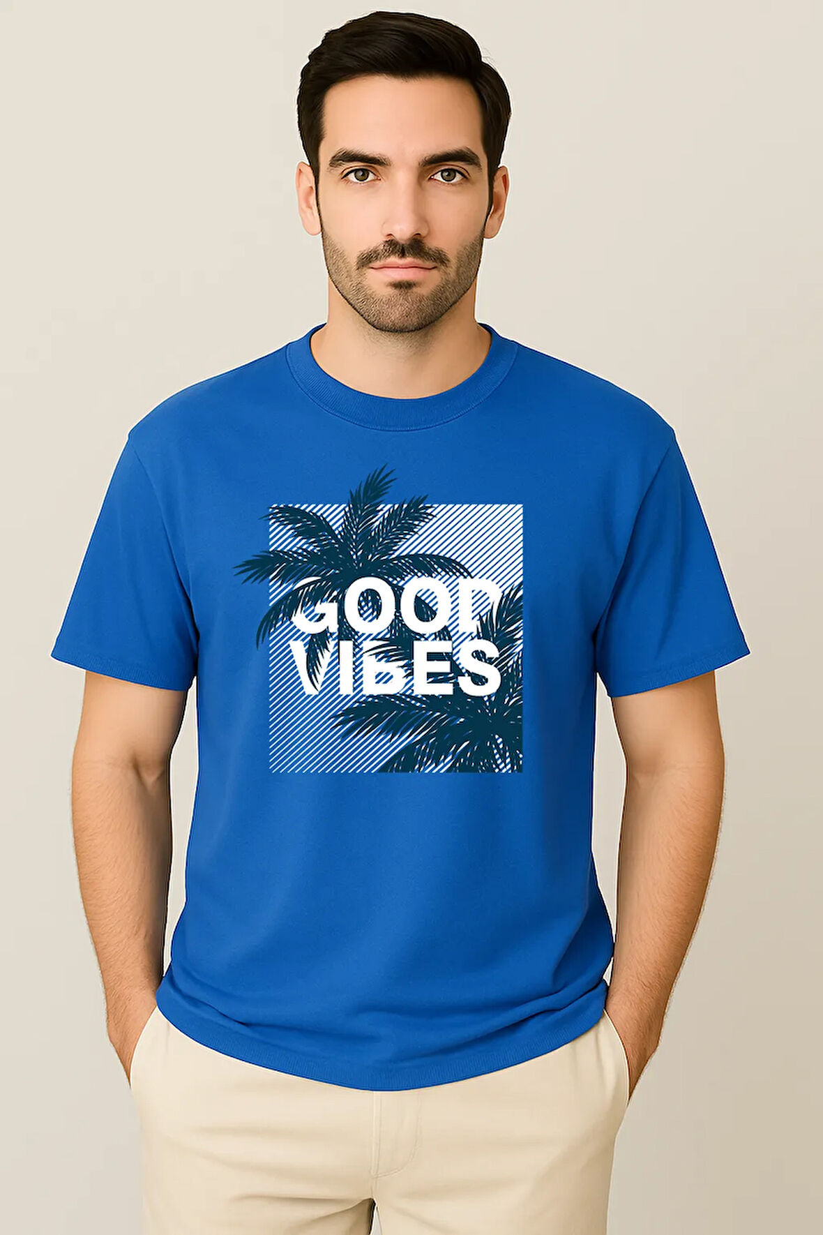 Erkek - Kadın %100 Pamuk Good Vibes Palmiye Desenli Baskılı Yarım Kollu Bisiklet Yaka T-Shirt