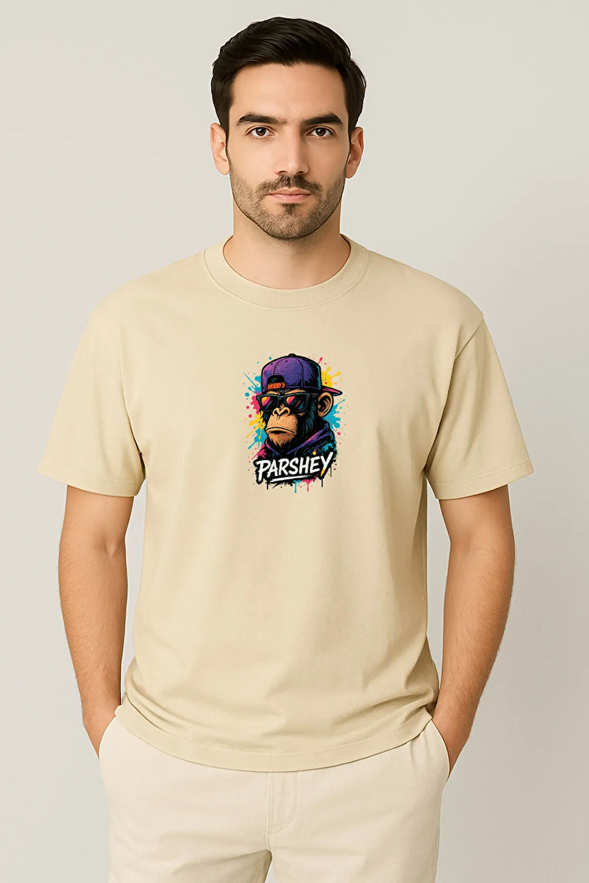 Erkek - Kadın Unisex Graffiti Maymun Baskılı Yarım Kollu Bisiklet Yaka %100 Pamuk Oversize T-shirt