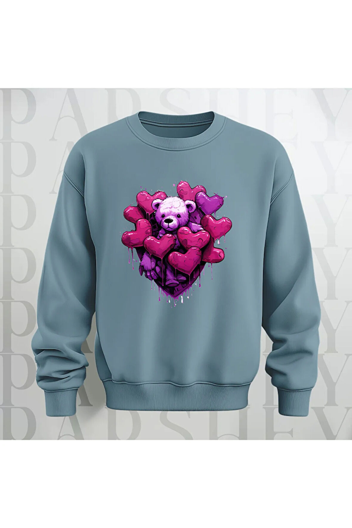 Love Teddy Deseni Baskılı Bisiklet Yaka Unisex Oversize Kalıp Sweatshirt 3 İplik Şardonlu