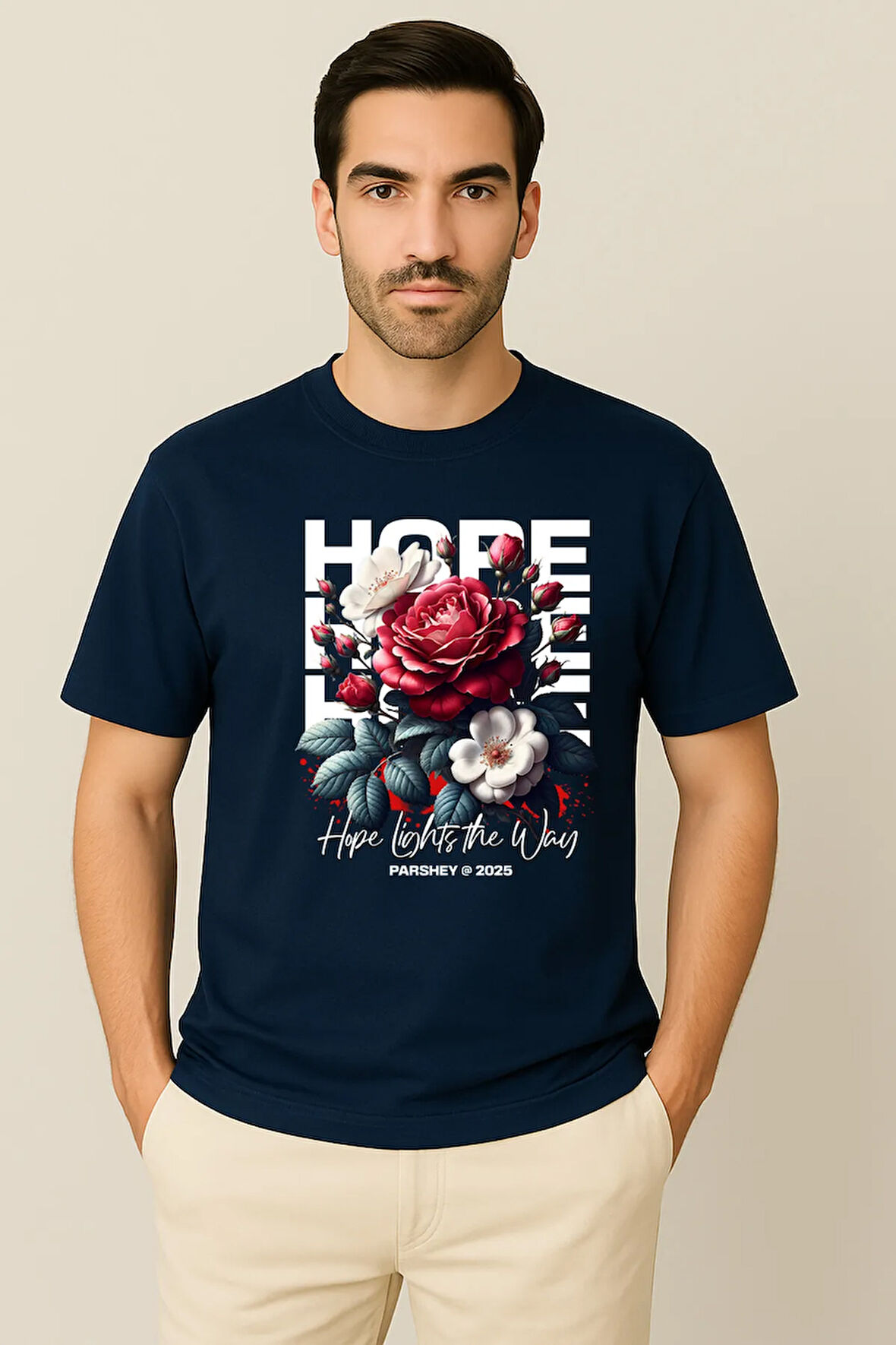 Erkek - Kadın %100 Pamuk Hope Gül Desenli Baskılı Yarım Kollu Bisiklet Yaka T-Shirt
