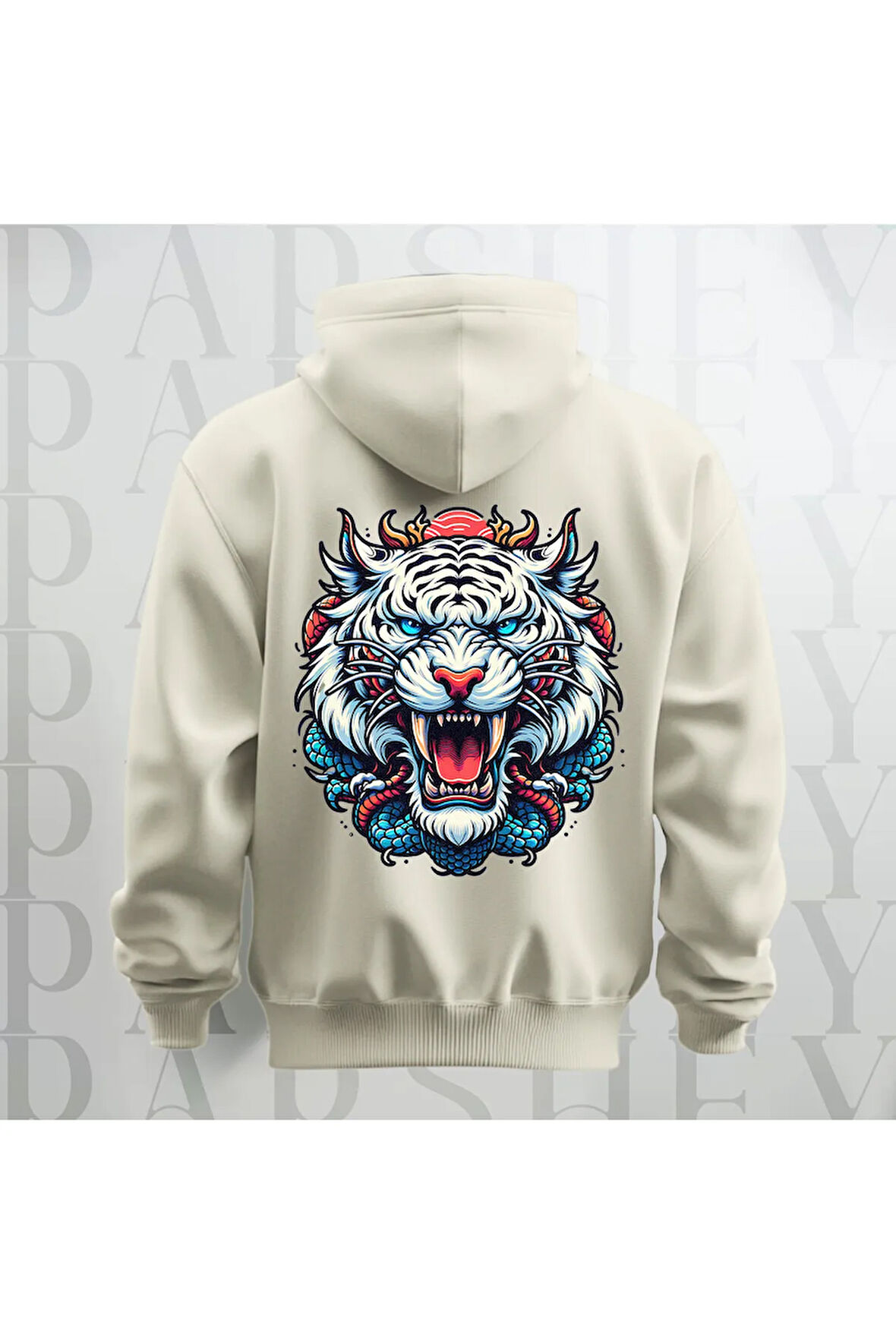 Tiger Büyük Sırt Baskılı Kapüşonlu Unisex Sweatshirt Hoodie Kalın Kumaş 3 İplik Şardonlu