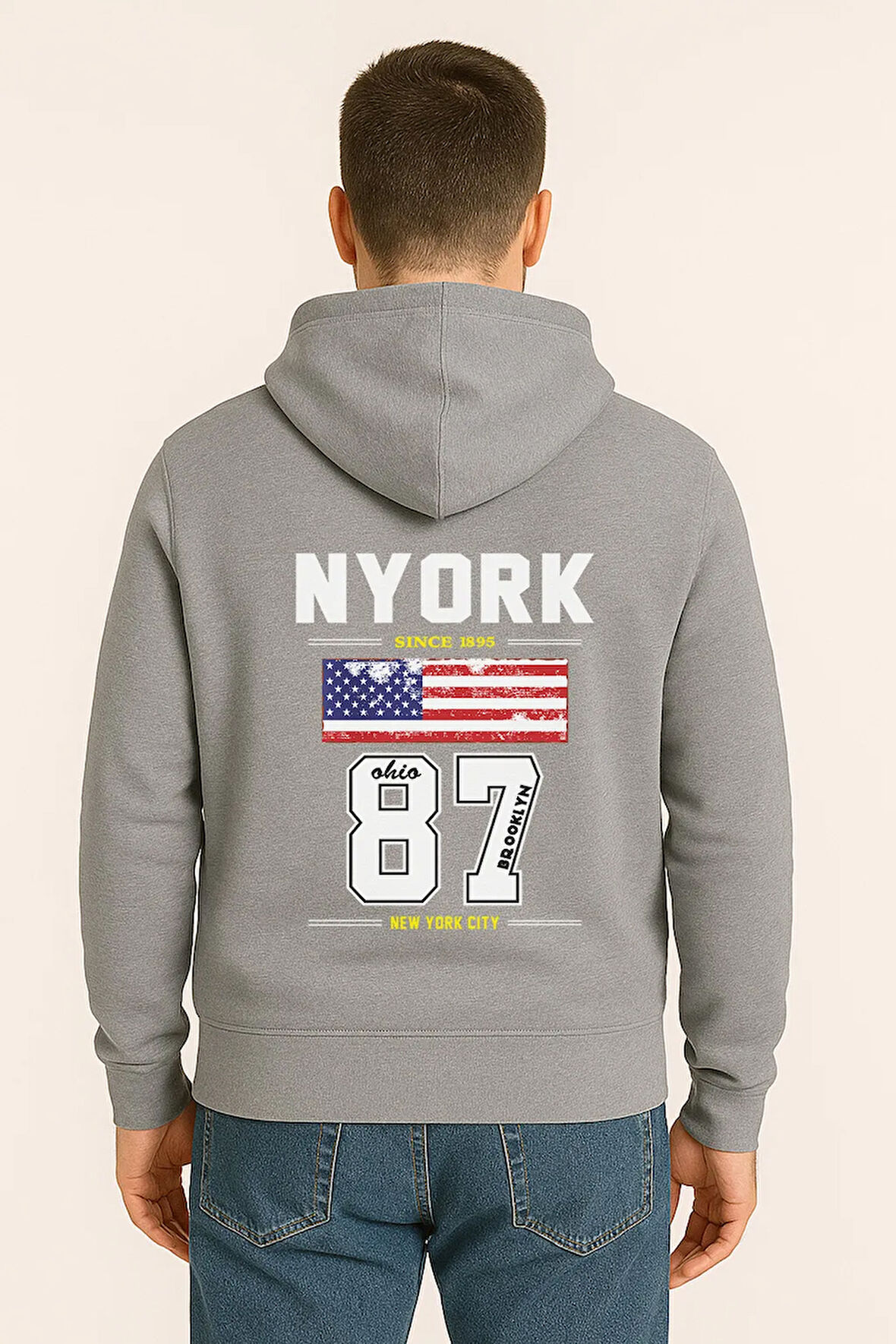 NYORK 87 Baskılı Oversize Hoodie – Amerikan Bayraklı Brooklyn New York City Kapüşonlu Sweatshirt