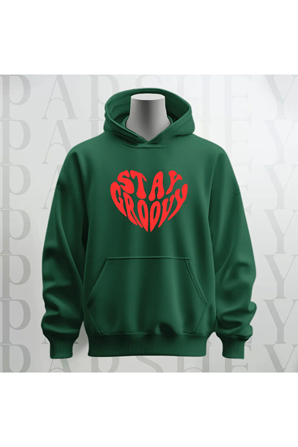 Stay Groovy Kalp Şekilli Baskılı Kapüşonlu Oversize Sweatshirt Hoodie Kalın Kumaş 3 İplik Şardonlu