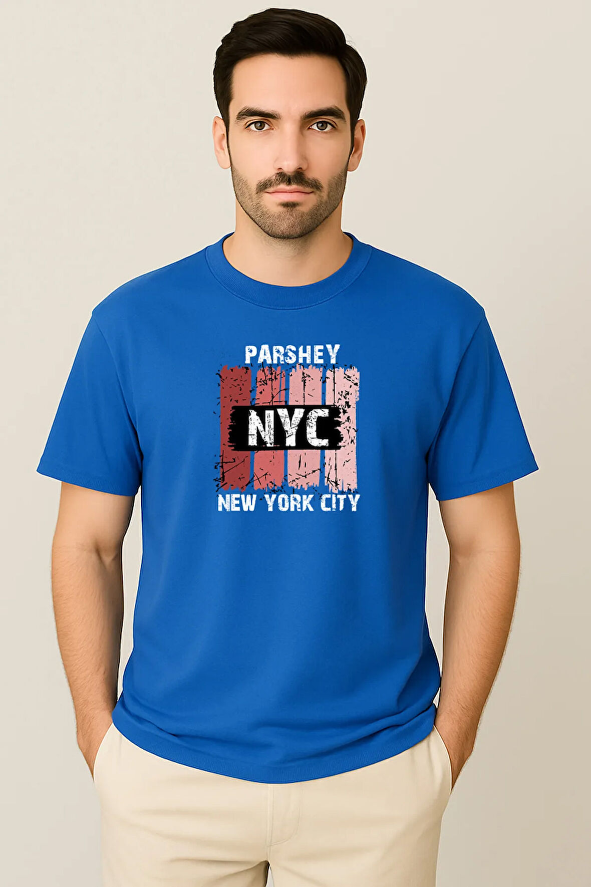 Erkek - Kadın %100 Pamuk New York City Parshey Baskılı Yarım Kollu Bisiklet Yaka T-Shirt