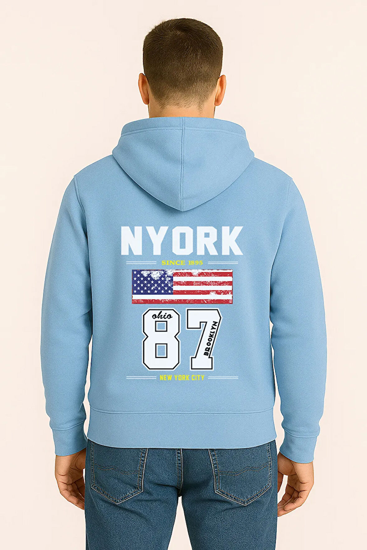 NYORK 87 Baskılı Oversize Hoodie – Amerikan Bayraklı Brooklyn New York City Kapüşonlu Sweatshirt