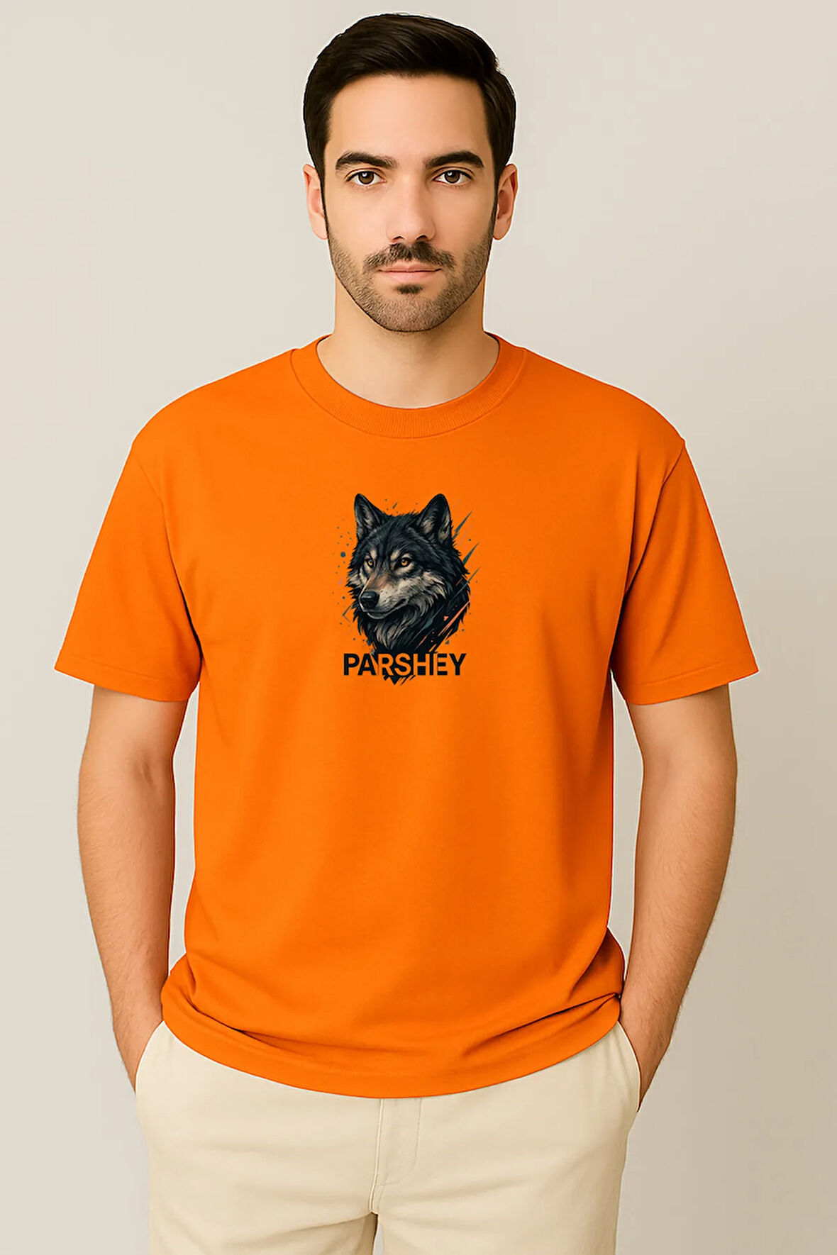 Erkek - Kadın Unisex Yarım Kollu Parshey Kurt Baskılı Bisiklet Yaka %100 Pamuk Oversize T-shirt