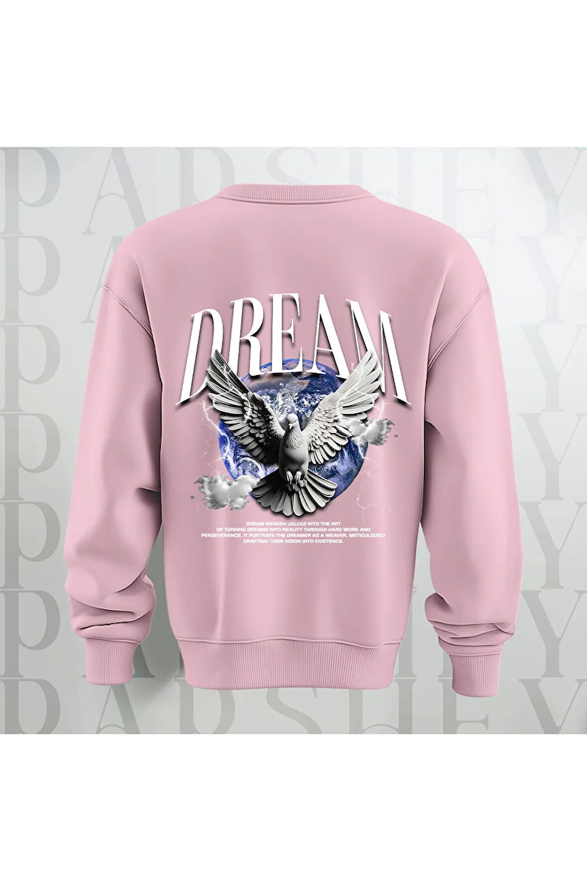 Dream Kuş Desenli Sırt Baskılı 3 İplik Şardonlu Oversize Unisex Bisiklet Yaka Sweatshirt