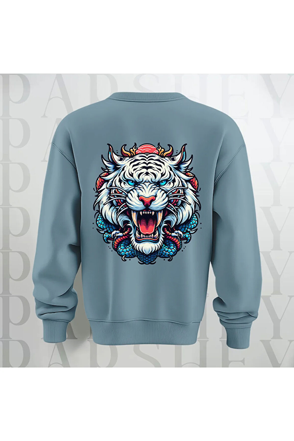 Tiger Baskılı Kalın Kumaş 3 İplik Şardonlu Oversize Unisex Bisiklet Yaka Sweatshirt
