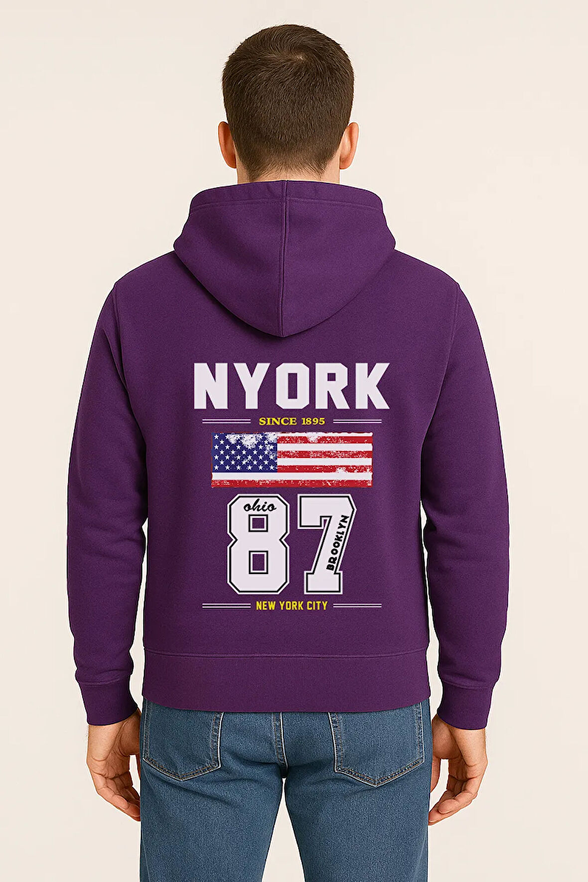 NYORK 87 Baskılı Oversize Hoodie – Amerikan Bayraklı Brooklyn New York City Kapüşonlu Sweatshirt