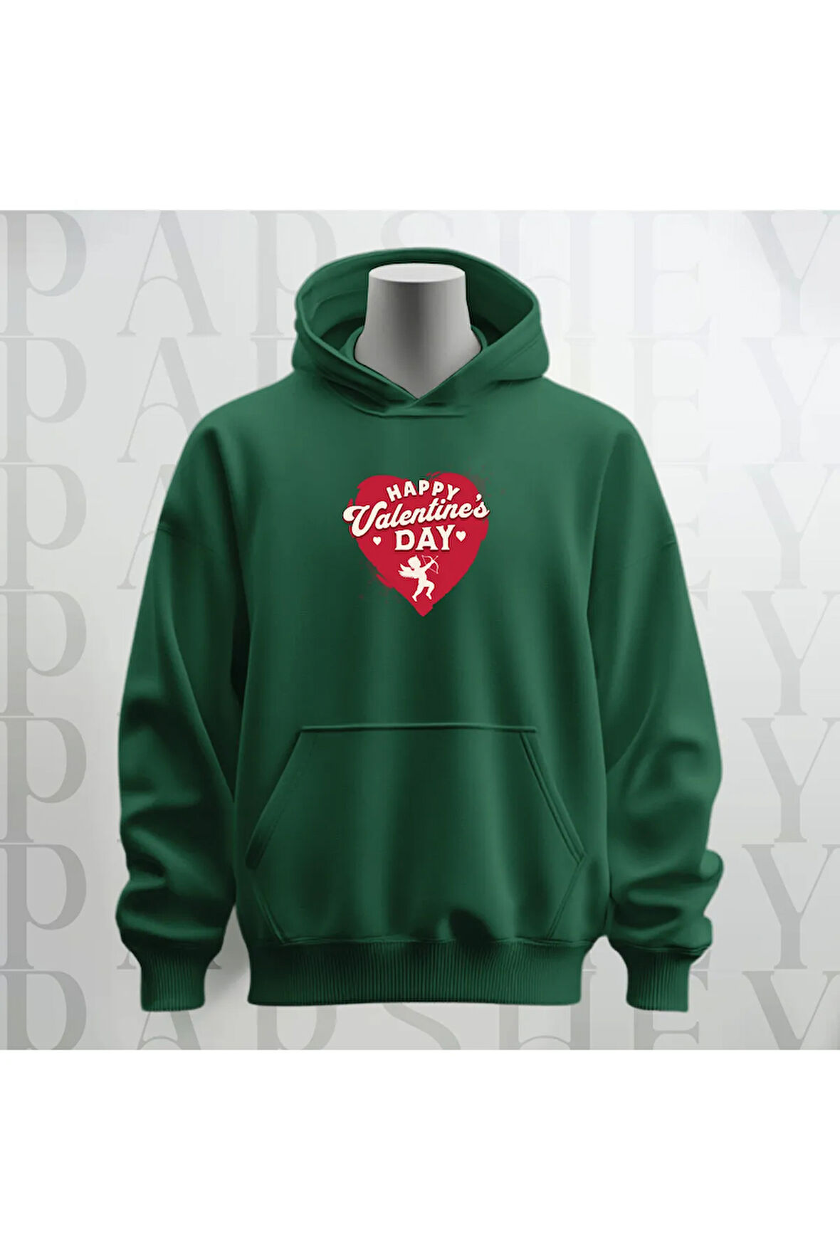 Happy Valentine's Day Kalp Desenli Kapüşonlu Oversize Sweatshirt Hoodie Kalın Kumaş 3 İplik Şardonlu