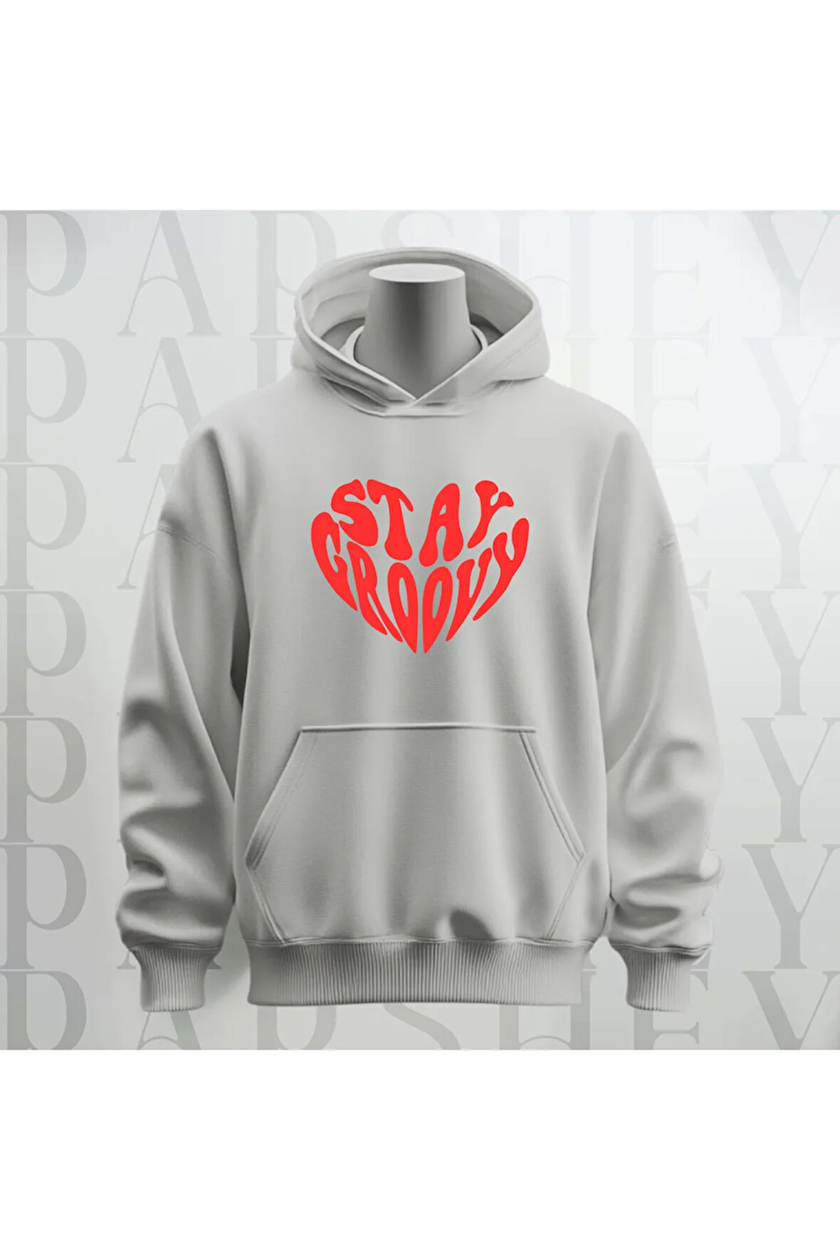 Stay Groovy Kalp Şekilli Baskılı Kapüşonlu Oversize Sweatshirt Hoodie Kalın Kumaş 3 İplik Şardonlu