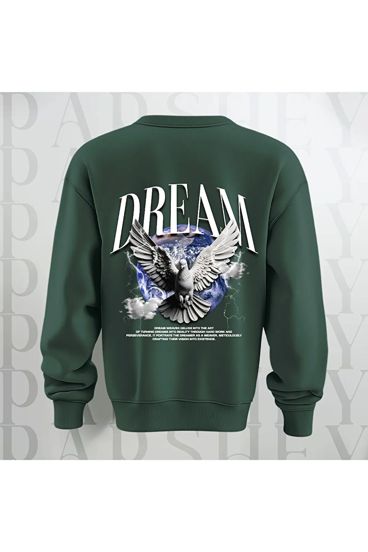 Dream Kuş Desenli Sırt Baskılı 3 İplik Şardonlu Oversize Unisex Bisiklet Yaka Sweatshirt