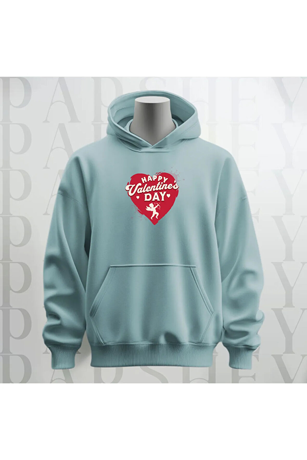 Happy Valentine's Day Kalp Desenli Kapüşonlu Oversize Sweatshirt Hoodie Kalın Kumaş 3 İplik Şardonlu