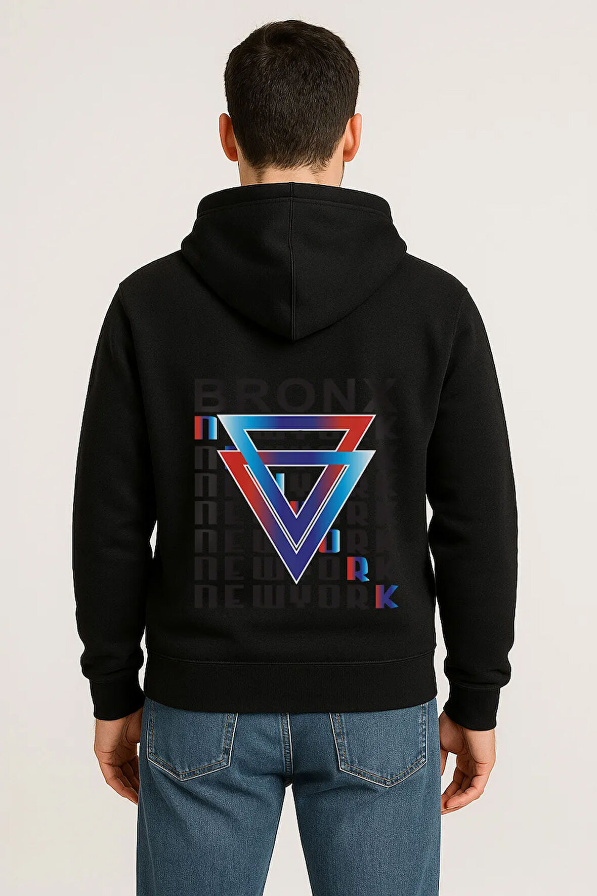 Bronx New York Baskılı Oversize Hoodie – Geometrik Renkli Arka Tasarım Unisex Kapüşonlu Sweatshirt