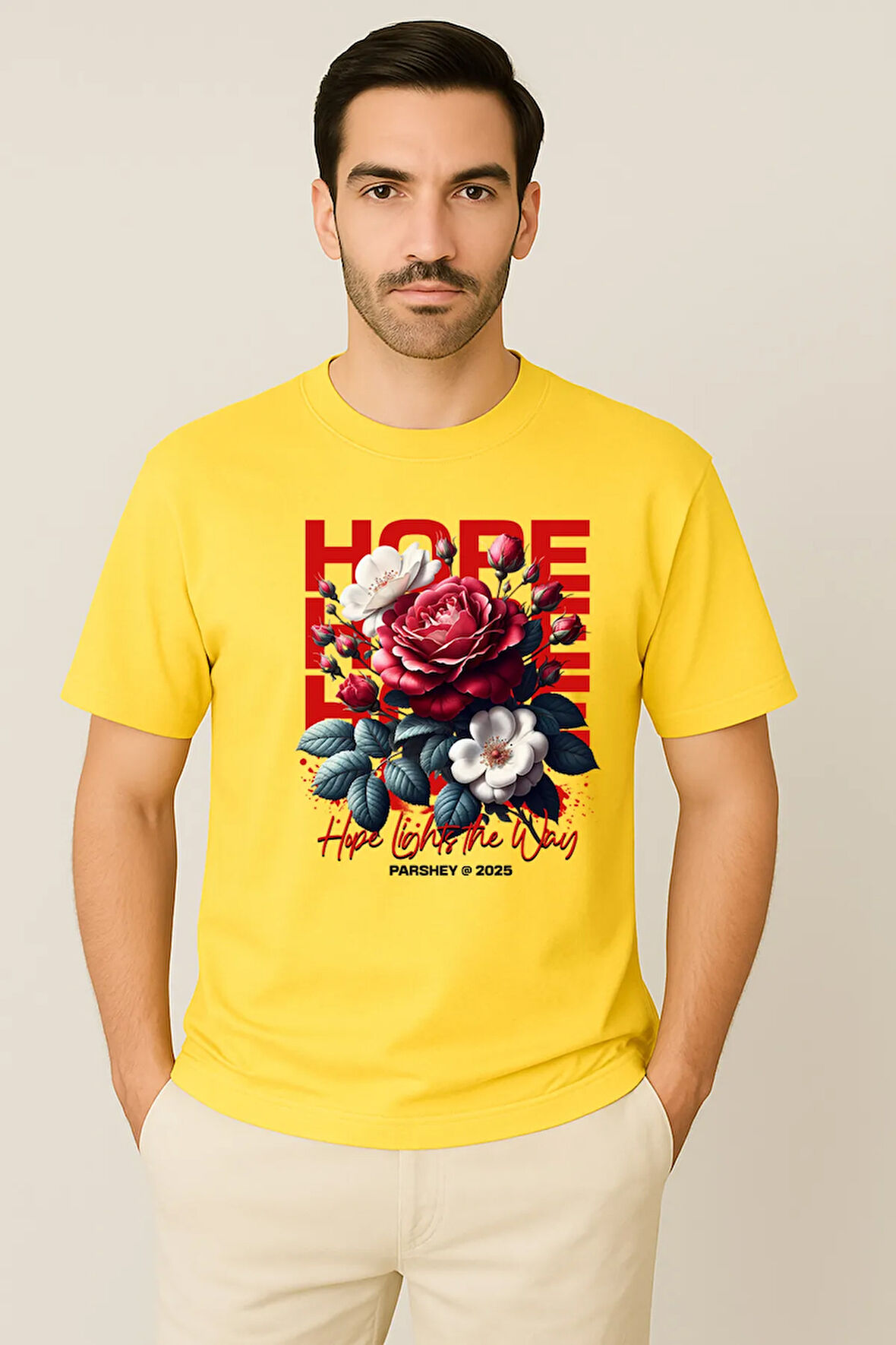 Erkek - Kadın %100 Pamuk Hope Gül Desenli Baskılı Yarım Kollu Bisiklet Yaka T-Shirt