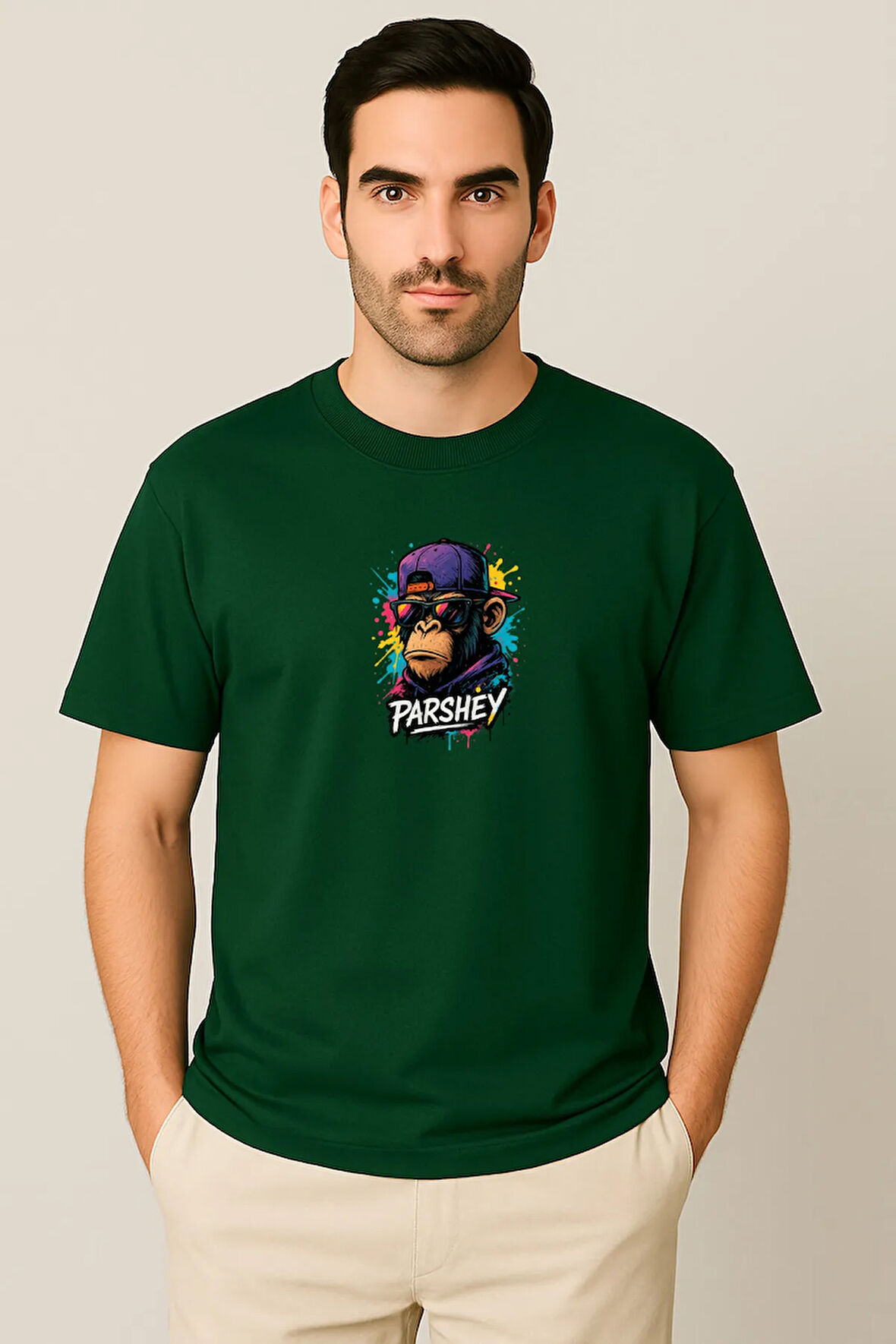 Erkek - Kadın Unisex Graffiti Maymun Baskılı Yarım Kollu Bisiklet Yaka %100 Pamuk Oversize T-shirt