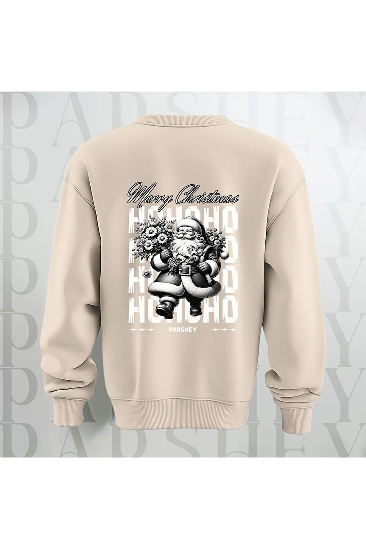 Merry Christmas Noel Baba Sırt Baskılı 3 İplik Şardonlu Oversize Bisiklet Yaka Sweatshirt