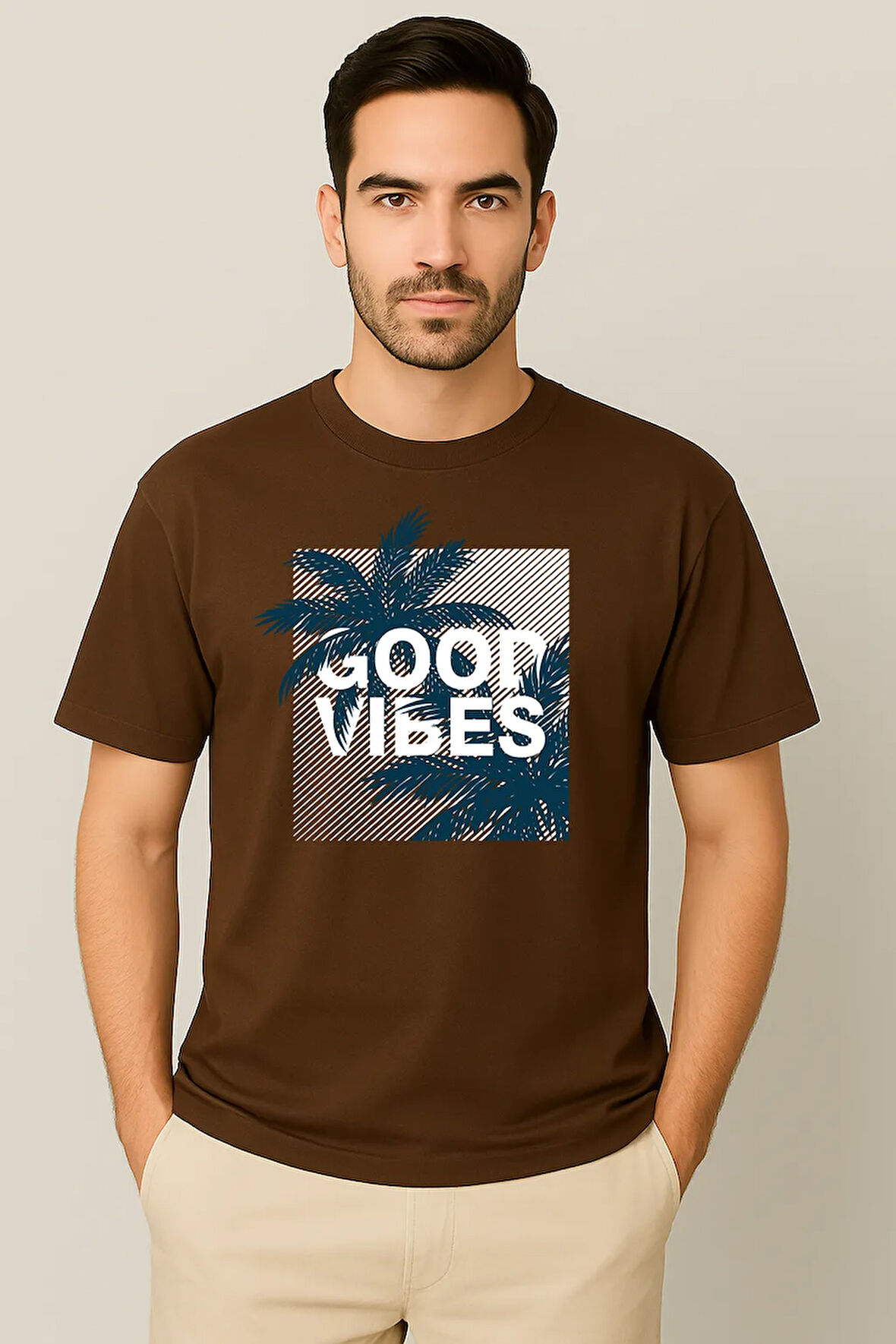 Erkek - Kadın %100 Pamuk Good Vibes Palmiye Desenli Baskılı Yarım Kollu Bisiklet Yaka T-Shirt