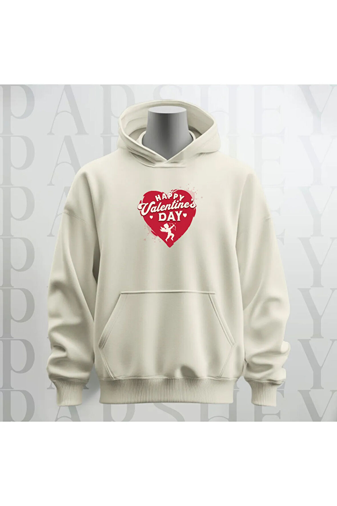 Happy Valentine's Day Kalp Desenli Kapüşonlu Oversize Sweatshirt Hoodie Kalın Kumaş 3 İplik Şardonlu