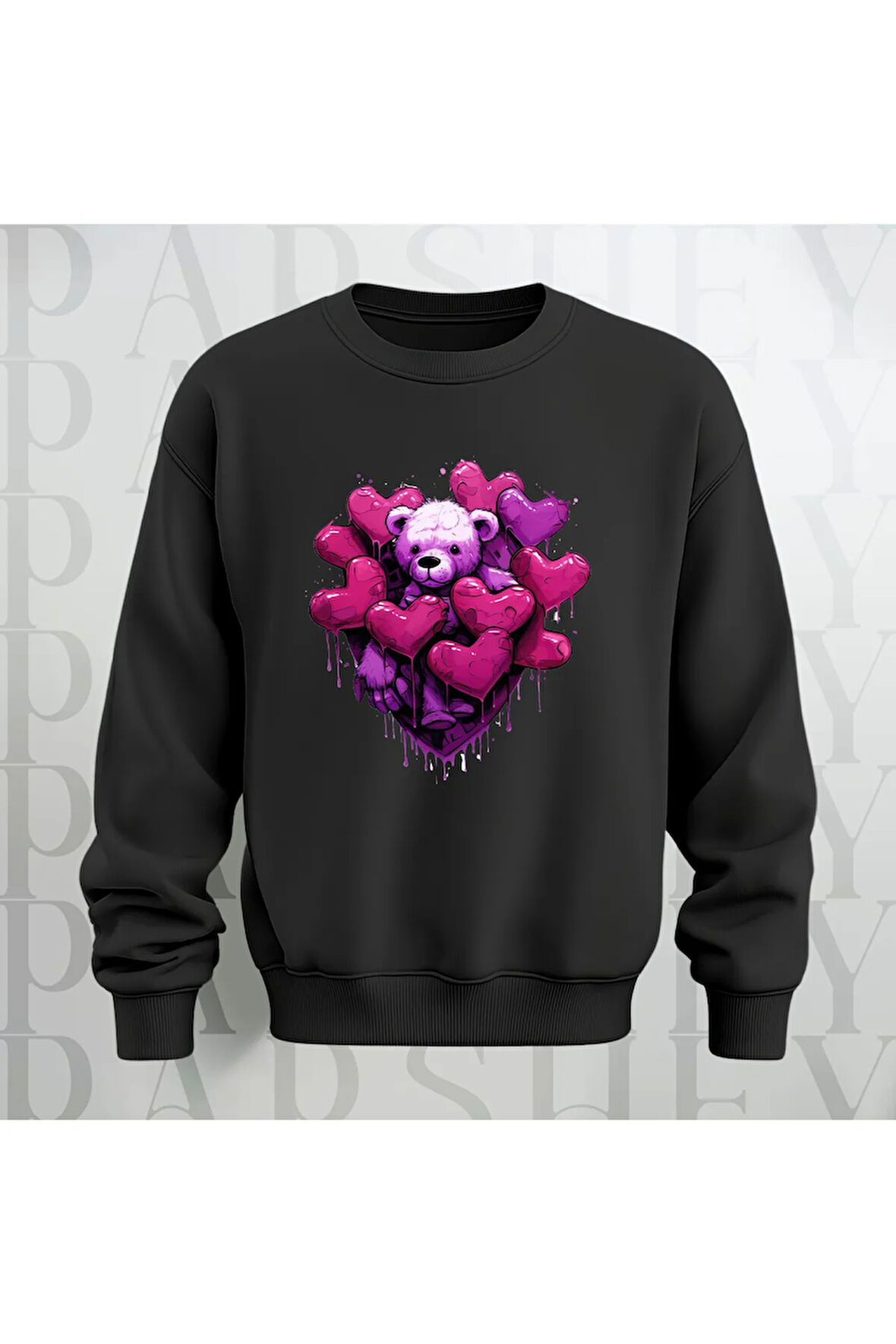 Love Teddy Deseni Baskılı Bisiklet Yaka Unisex Oversize Kalıp Sweatshirt 3 İplik Şardonlu