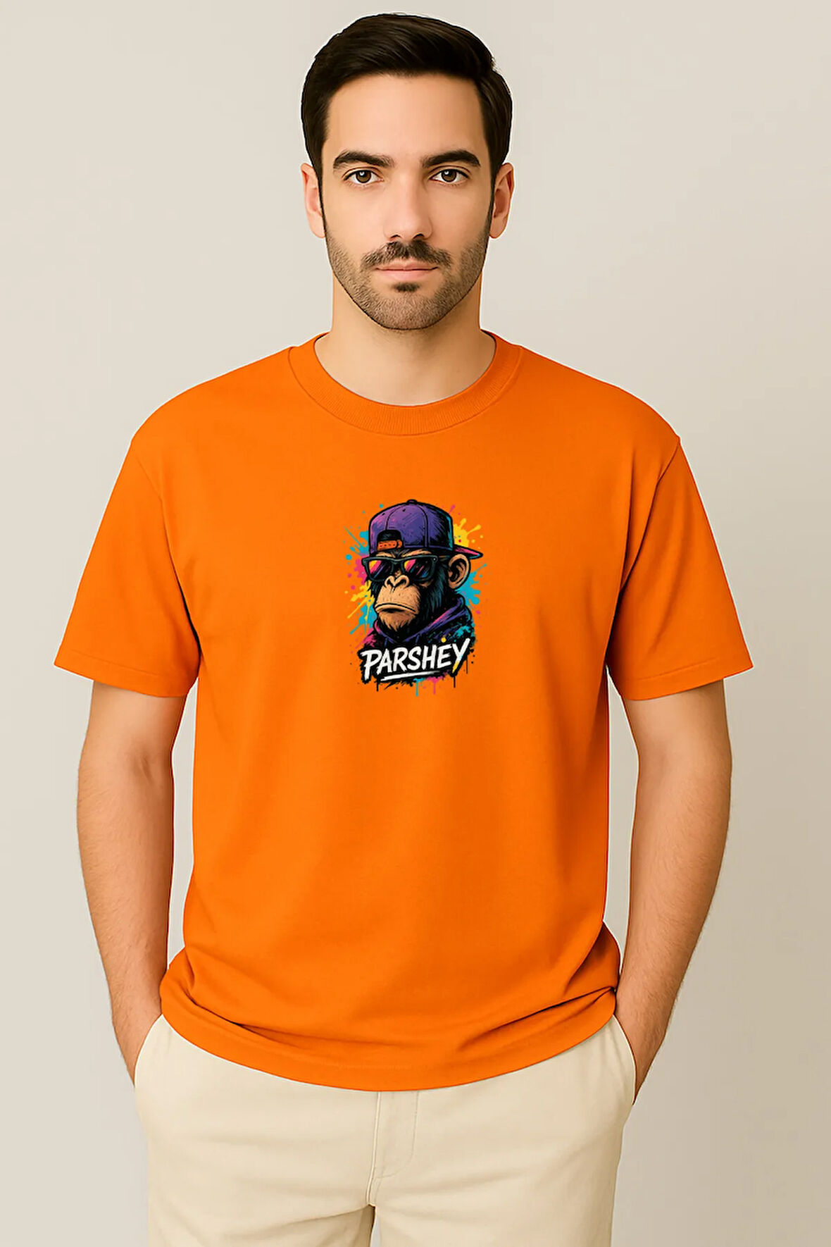 Erkek - Kadın Unisex Graffiti Maymun Baskılı Yarım Kollu Bisiklet Yaka %100 Pamuk Oversize T-shirt