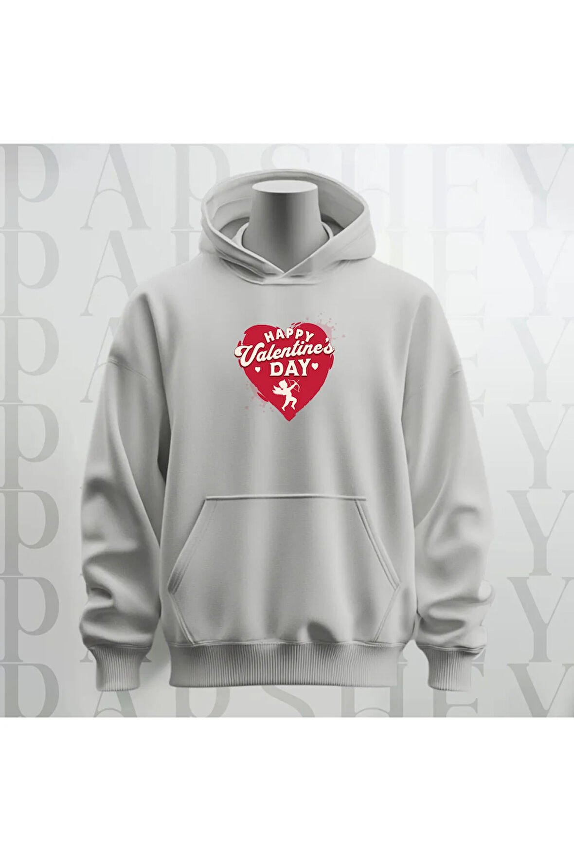 Happy Valentine's Day Kalp Desenli Kapüşonlu Oversize Sweatshirt Hoodie Kalın Kumaş 3 İplik Şardonlu