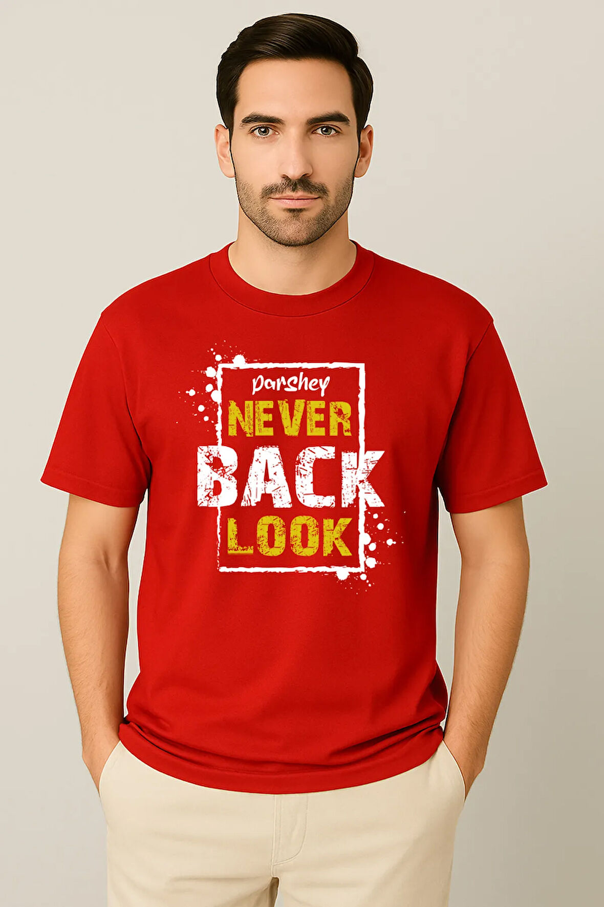Erkek - Kadın %100 Pamuk Never Look Back Baskılı Yarım Kollu Bisiklet Yaka T-Shirt