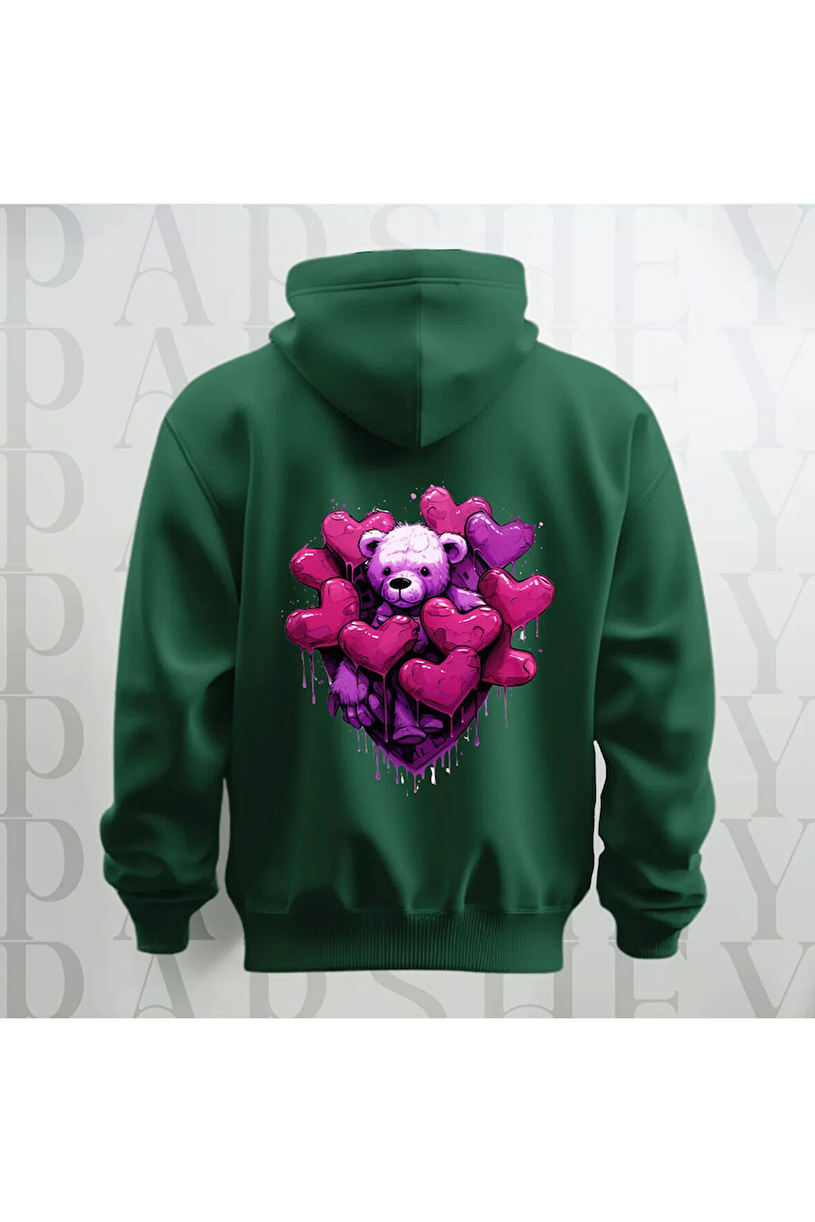Love Teddy Deseni Baskılı Kapüşonlu Sweatshirt Hoodie Yünlü Kalın Kumaş 3 İplik Şardonlu