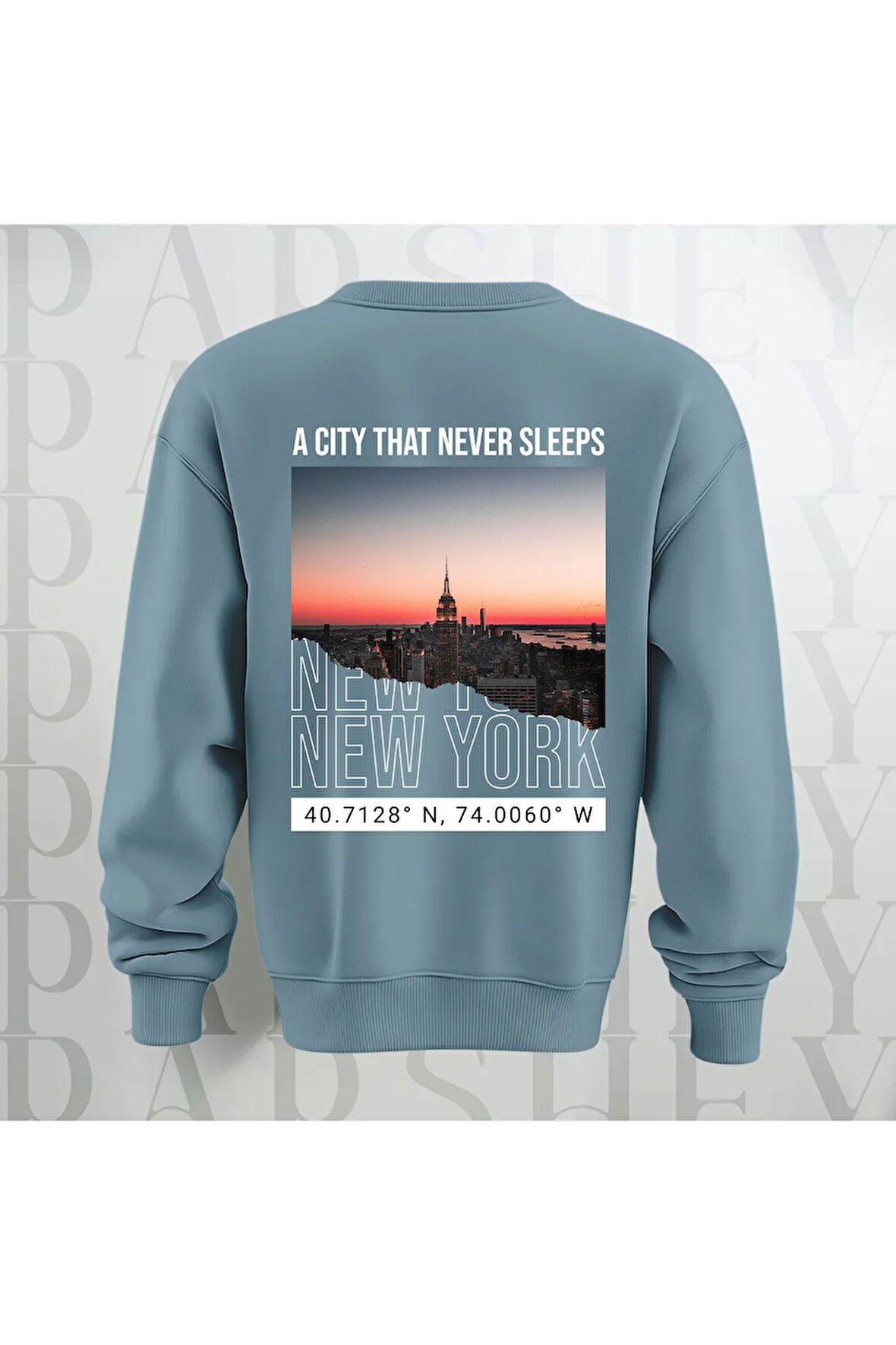 New York Şehir Temalı Sırt Baskılı Oversize Bisiklet Yaka Sweatshirt 3 İplik Şardonlu