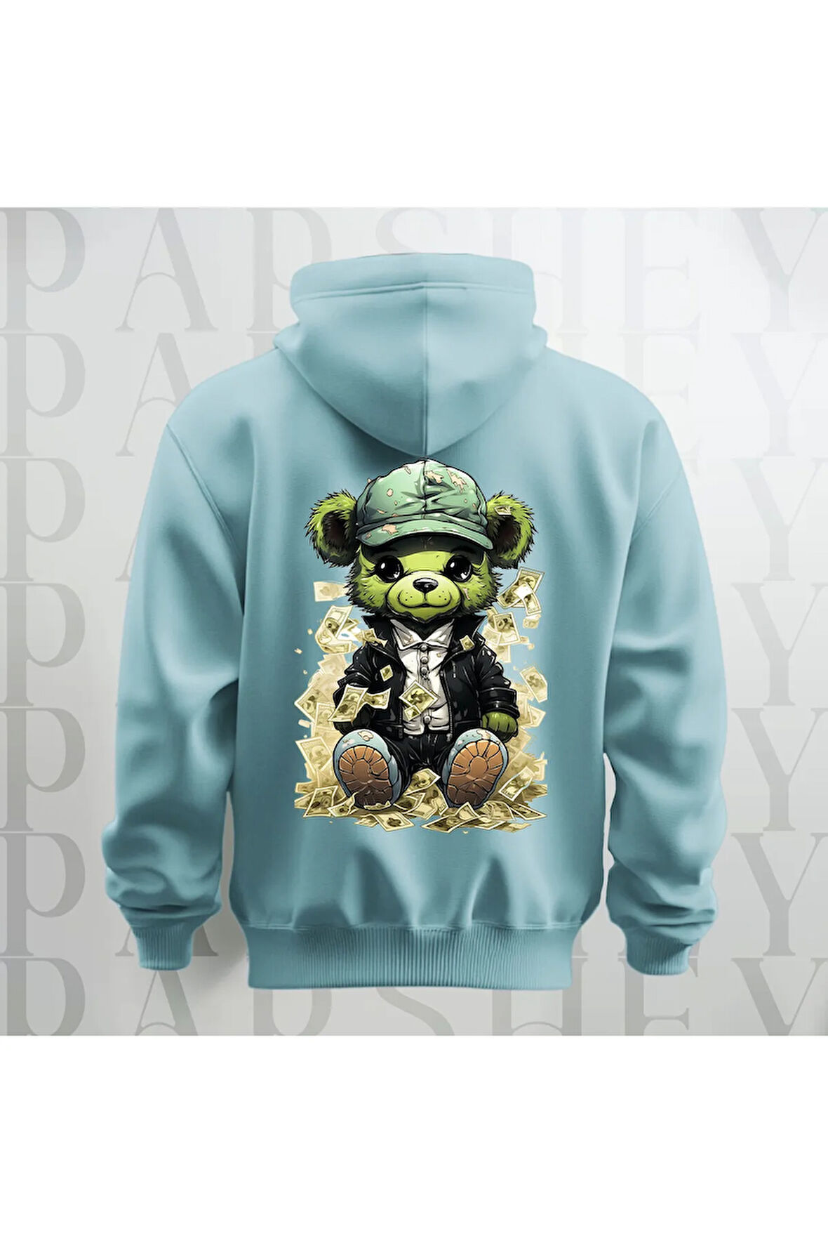 Paralı Teddy Sırt Baskılı Kapüşonlu Unisex Oversize Sweatshirt Hoodie Kalın Kumaş 3 İplik Şardonlu
