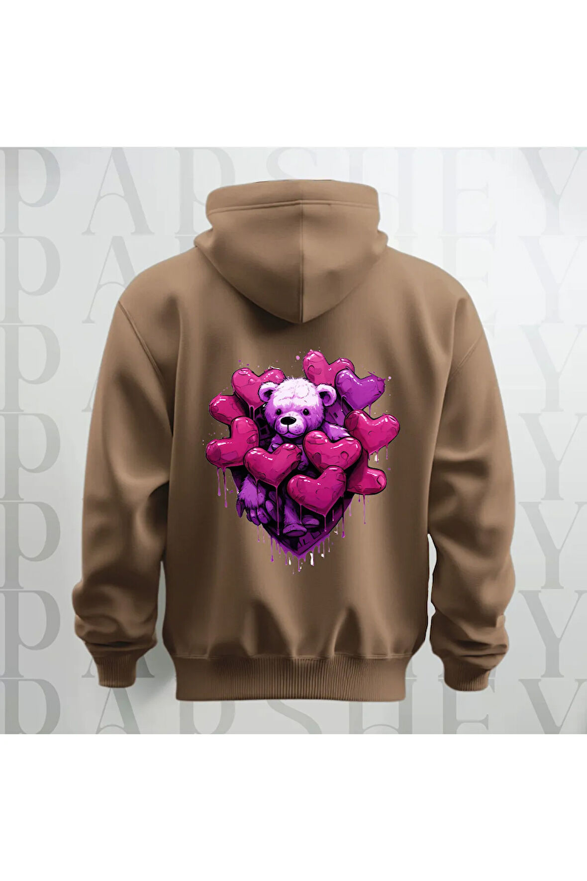 Love Teddy Deseni Baskılı Kapüşonlu Sweatshirt Hoodie Yünlü Kalın Kumaş 3 İplik Şardonlu