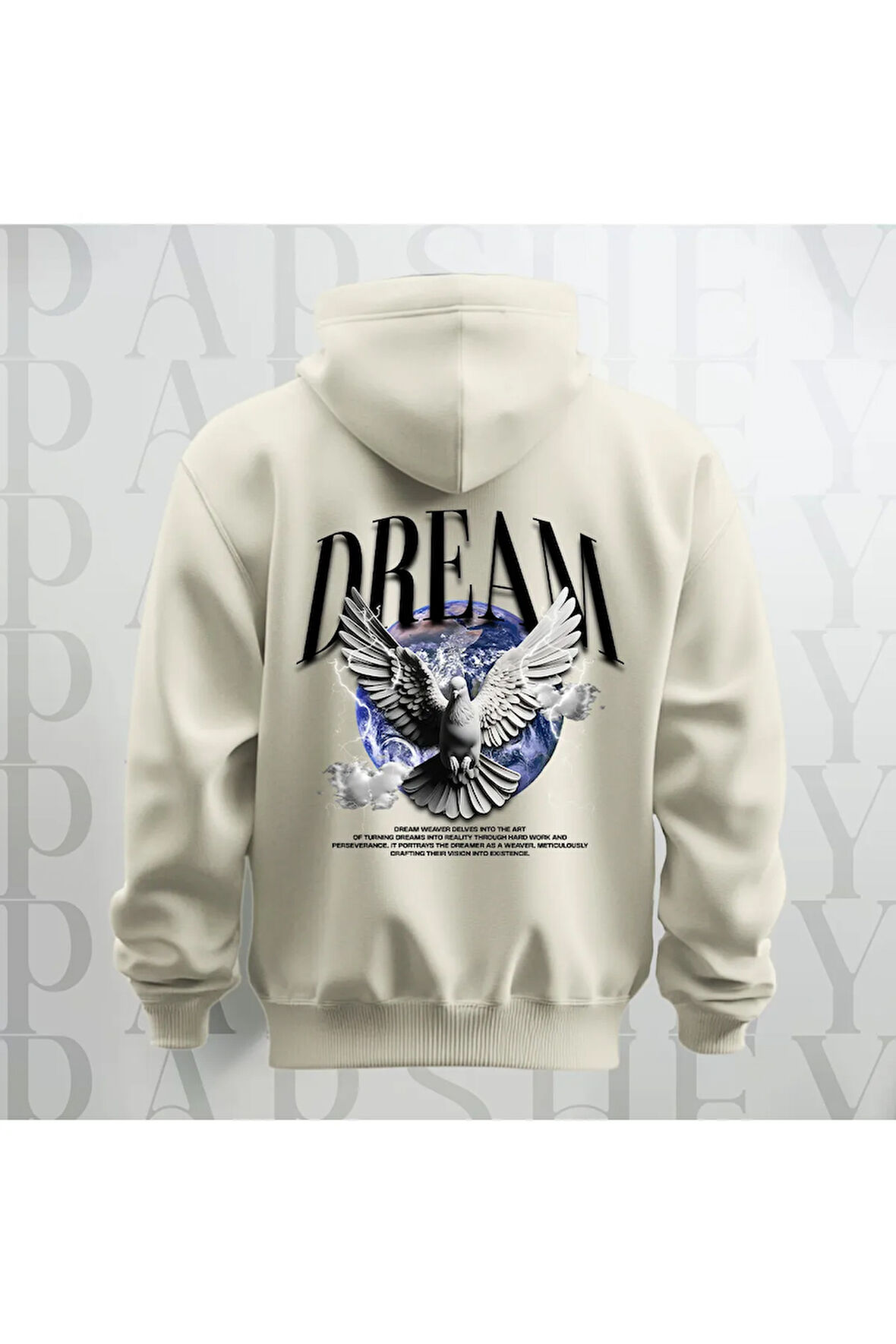Dream Kanatlı Kuş Sırt Baskılı Kapüşonlu Oversize Sweatshirt Hoodie Kalın Kumaş 3 İplik Şardonlu
