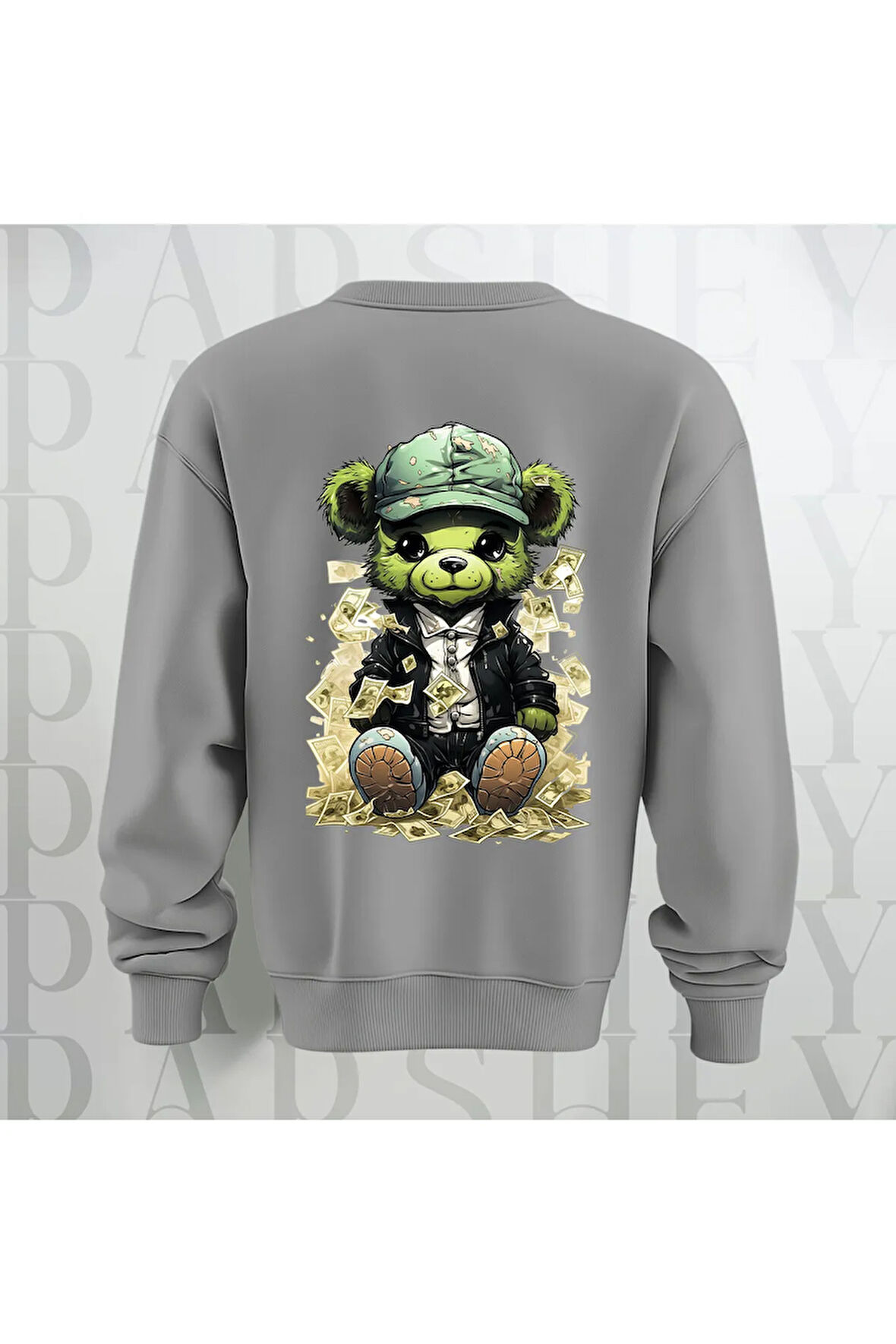 Zengin Teddy Sırt Baskılı Bisiklet Yaka Sweatshirt 3 İplik Şardonlu Oversize Kalıp Unisex