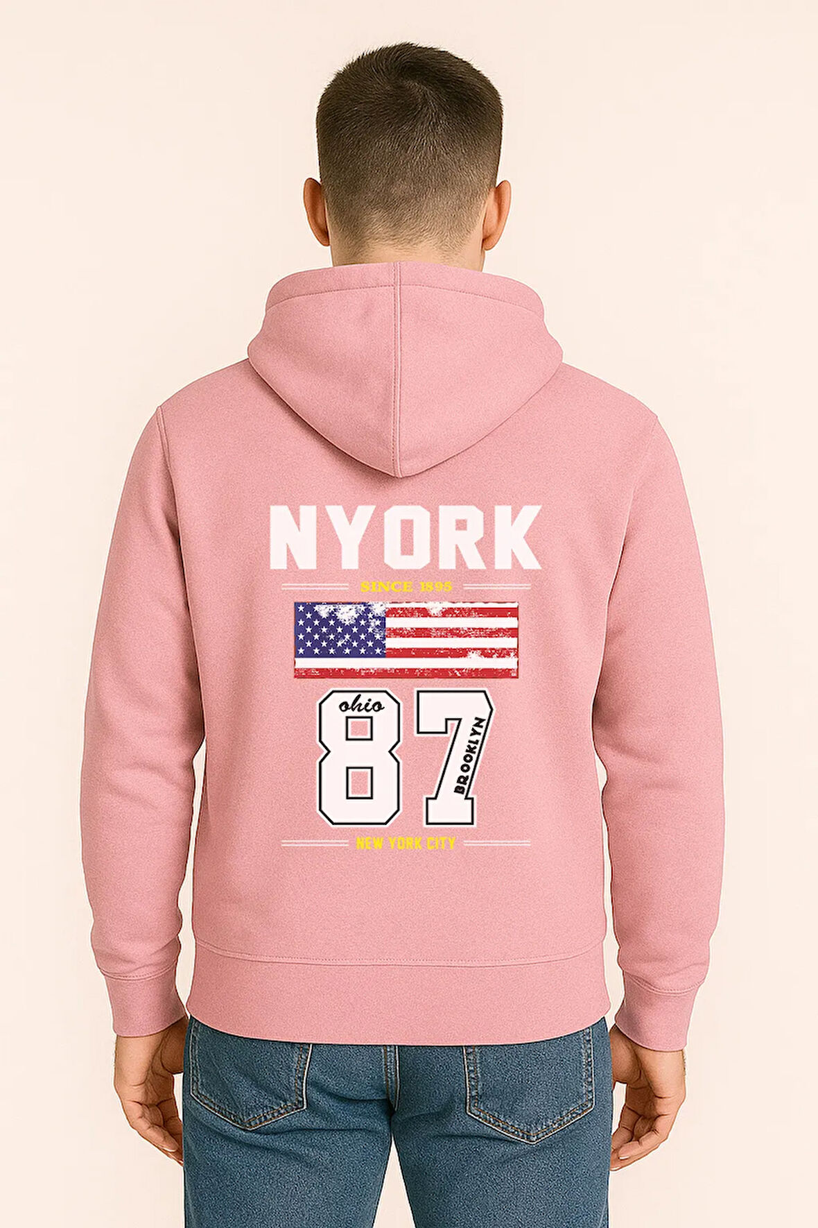 NYORK 87 Baskılı Oversize Hoodie – Amerikan Bayraklı Brooklyn New York City Kapüşonlu Sweatshirt