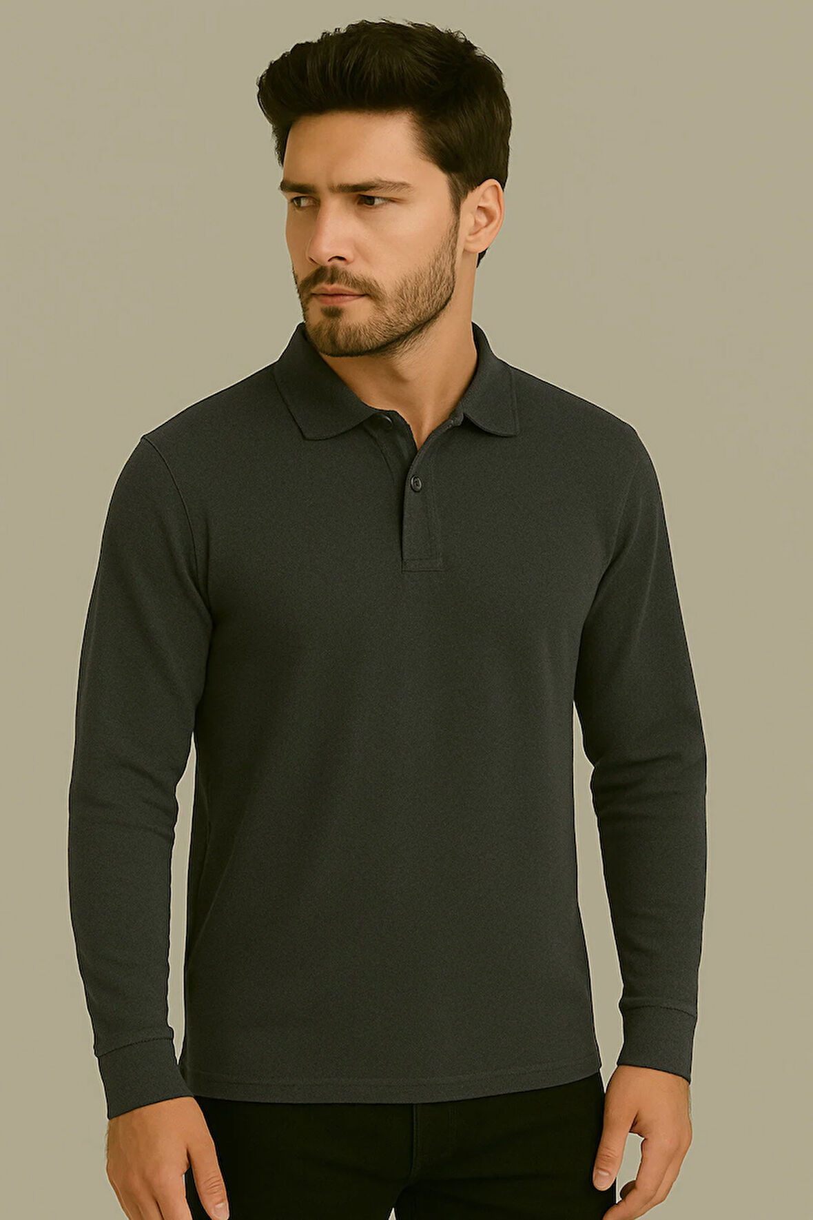 Regular Fit %100 Pamuk Polo Yaka Uzun Kollu Basic T-Shirt