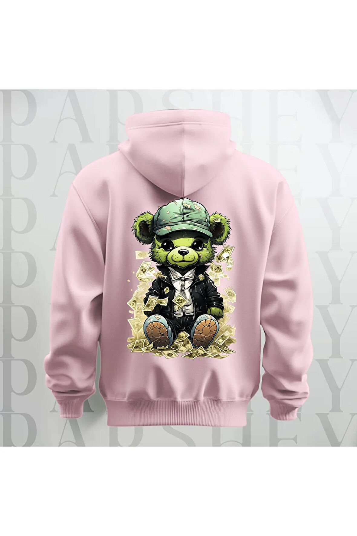 Paralı Teddy Sırt Baskılı Kapüşonlu Unisex Oversize Sweatshirt Hoodie Kalın Kumaş 3 İplik Şardonlu
