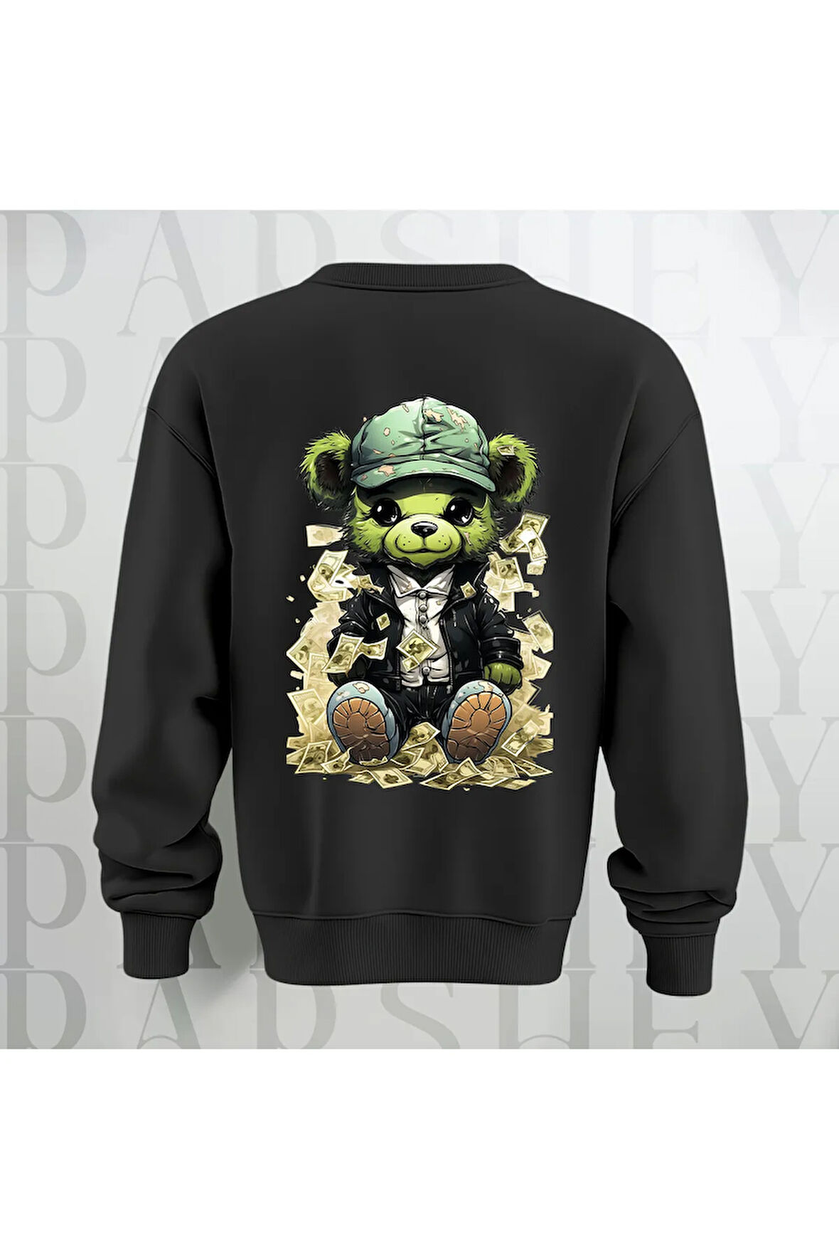 Zengin Teddy Sırt Baskılı Bisiklet Yaka Sweatshirt 3 İplik Şardonlu Oversize Kalıp Unisex
