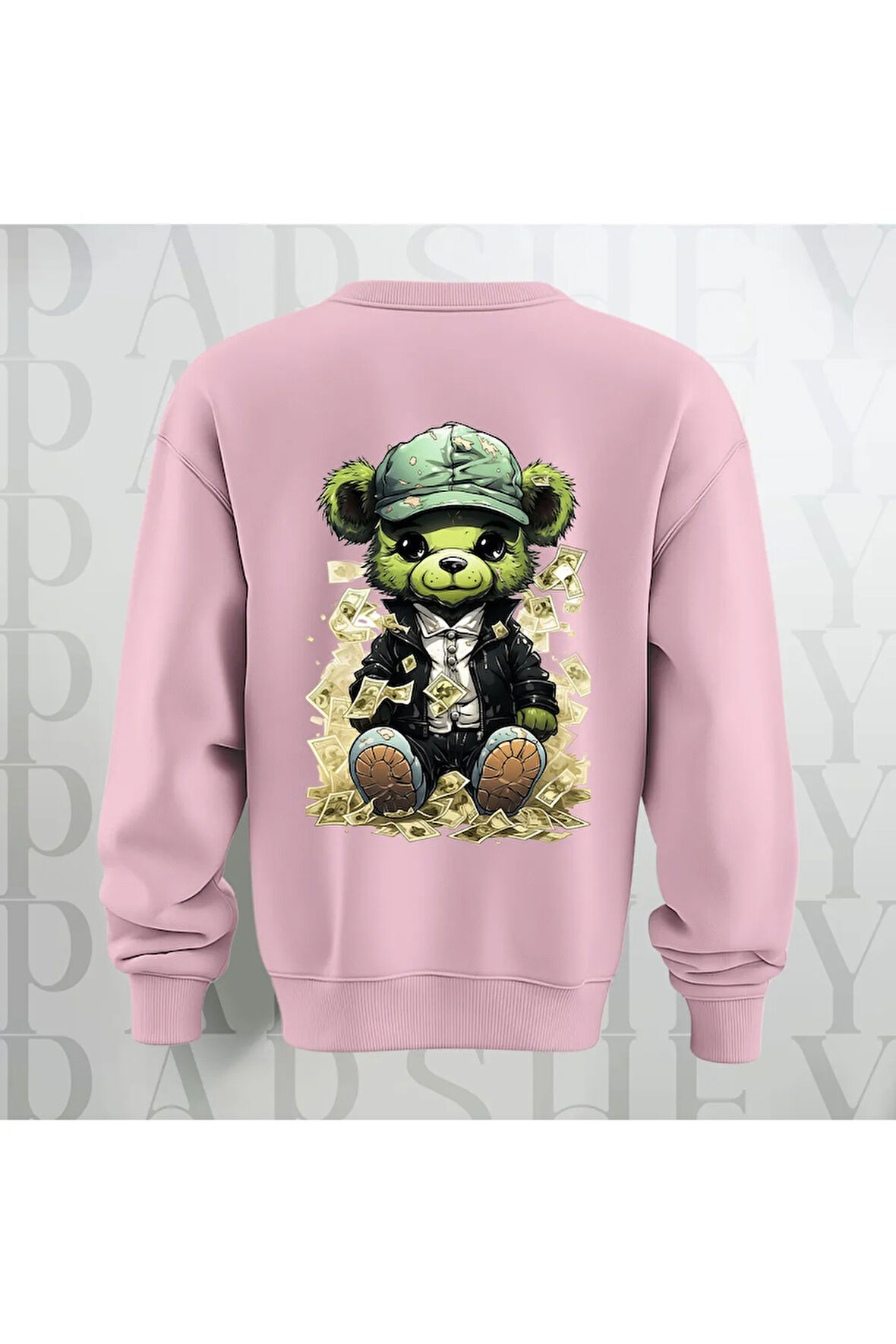 Zengin Teddy Sırt Baskılı Bisiklet Yaka Sweatshirt 3 İplik Şardonlu Oversize Kalıp Unisex