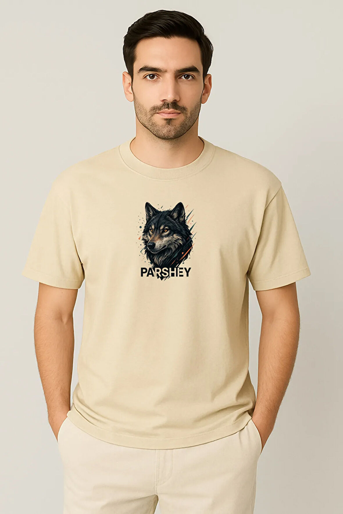 Erkek - Kadın Unisex Yarım Kollu Parshey Kurt Baskılı Bisiklet Yaka %100 Pamuk Oversize T-shirt