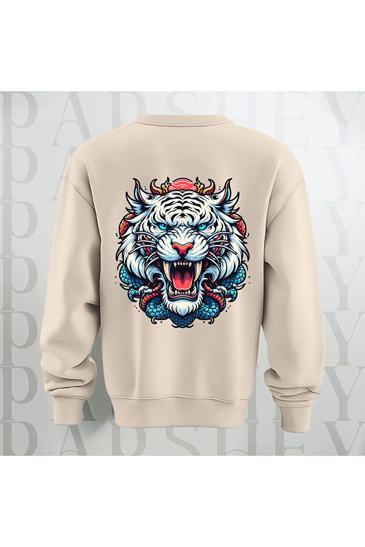 Tiger Baskılı Kalın Kumaş 3 İplik Şardonlu Oversize Unisex Bisiklet Yaka Sweatshirt