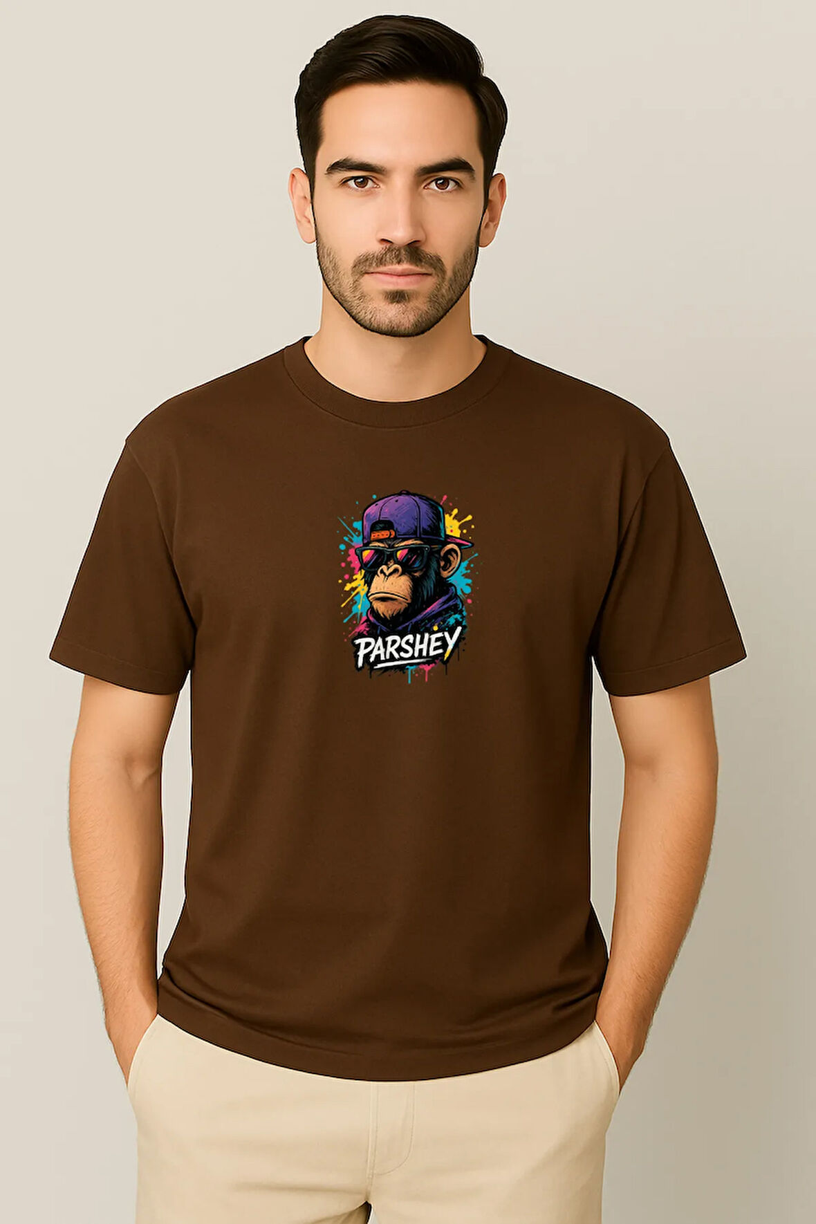Erkek - Kadın Unisex Graffiti Maymun Baskılı Yarım Kollu Bisiklet Yaka %100 Pamuk Oversize T-shirt