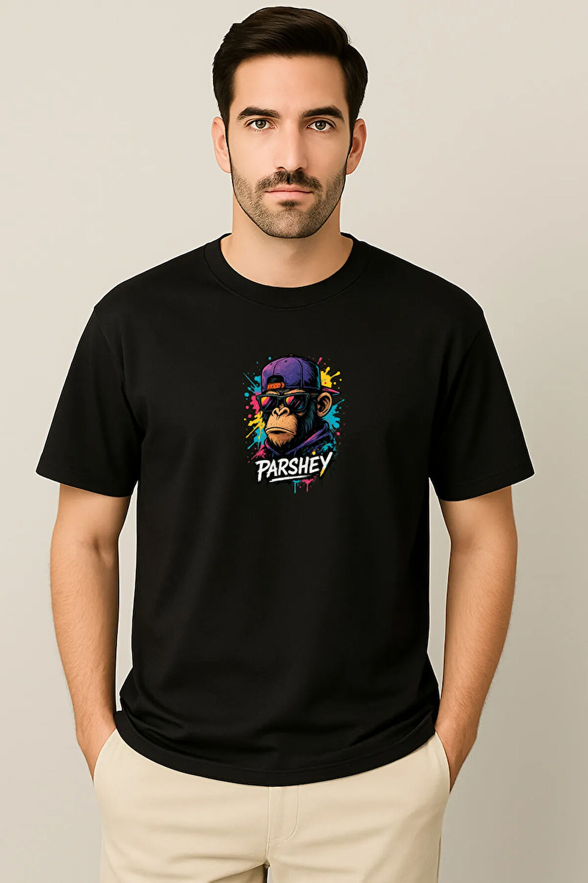 Erkek - Kadın Unisex Graffiti Maymun Baskılı Yarım Kollu Bisiklet Yaka %100 Pamuk Oversize T-shirt