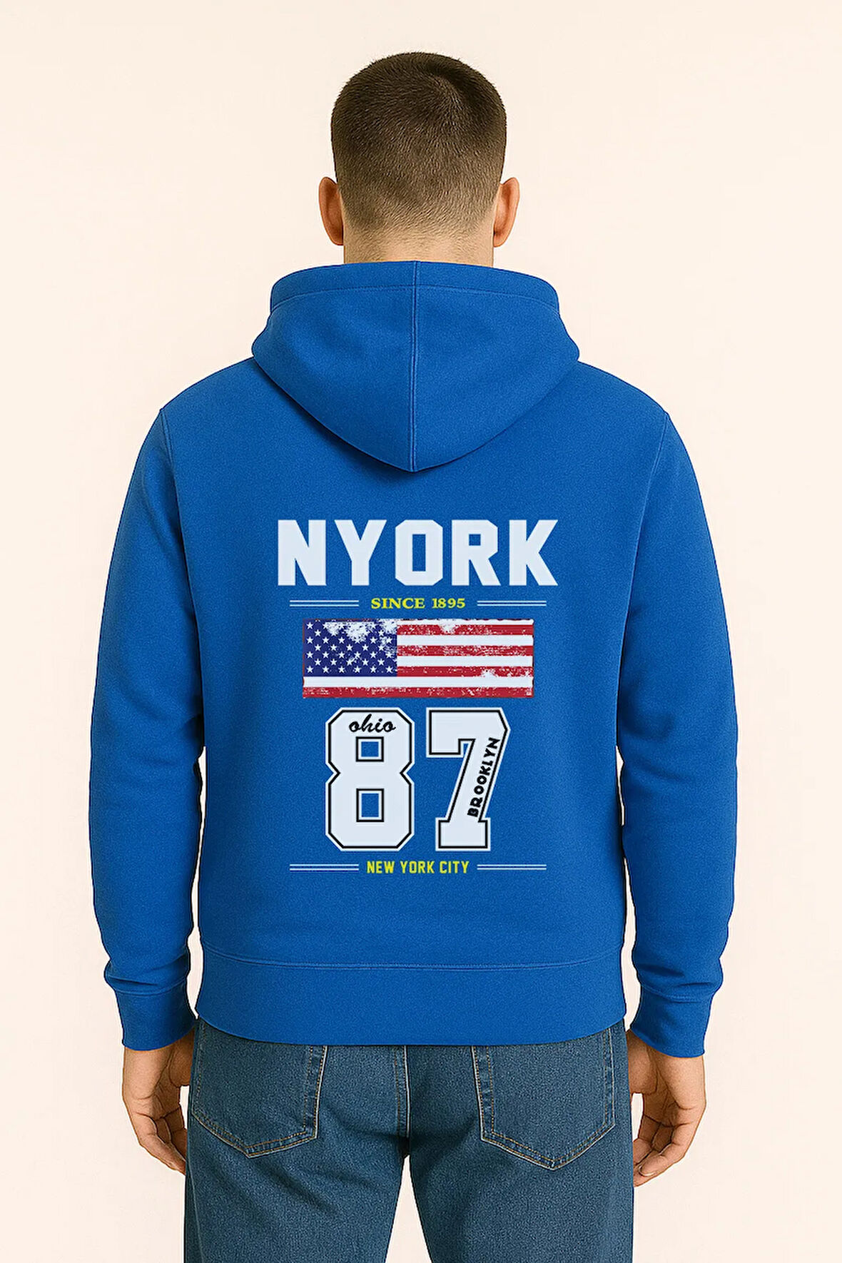 NYORK 87 Baskılı Oversize Hoodie – Amerikan Bayraklı Brooklyn New York City Kapüşonlu Sweatshirt