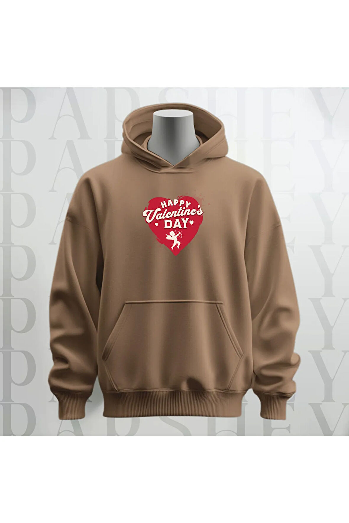 Happy Valentine's Day Kalp Desenli Kapüşonlu Oversize Sweatshirt Hoodie Kalın Kumaş 3 İplik Şardonlu