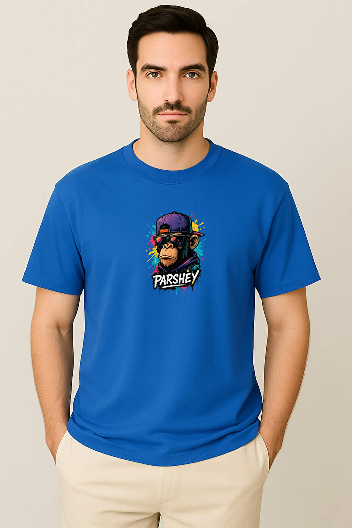 Erkek - Kadın Unisex Graffiti Maymun Baskılı Yarım Kollu Bisiklet Yaka %100 Pamuk Oversize T-shirt