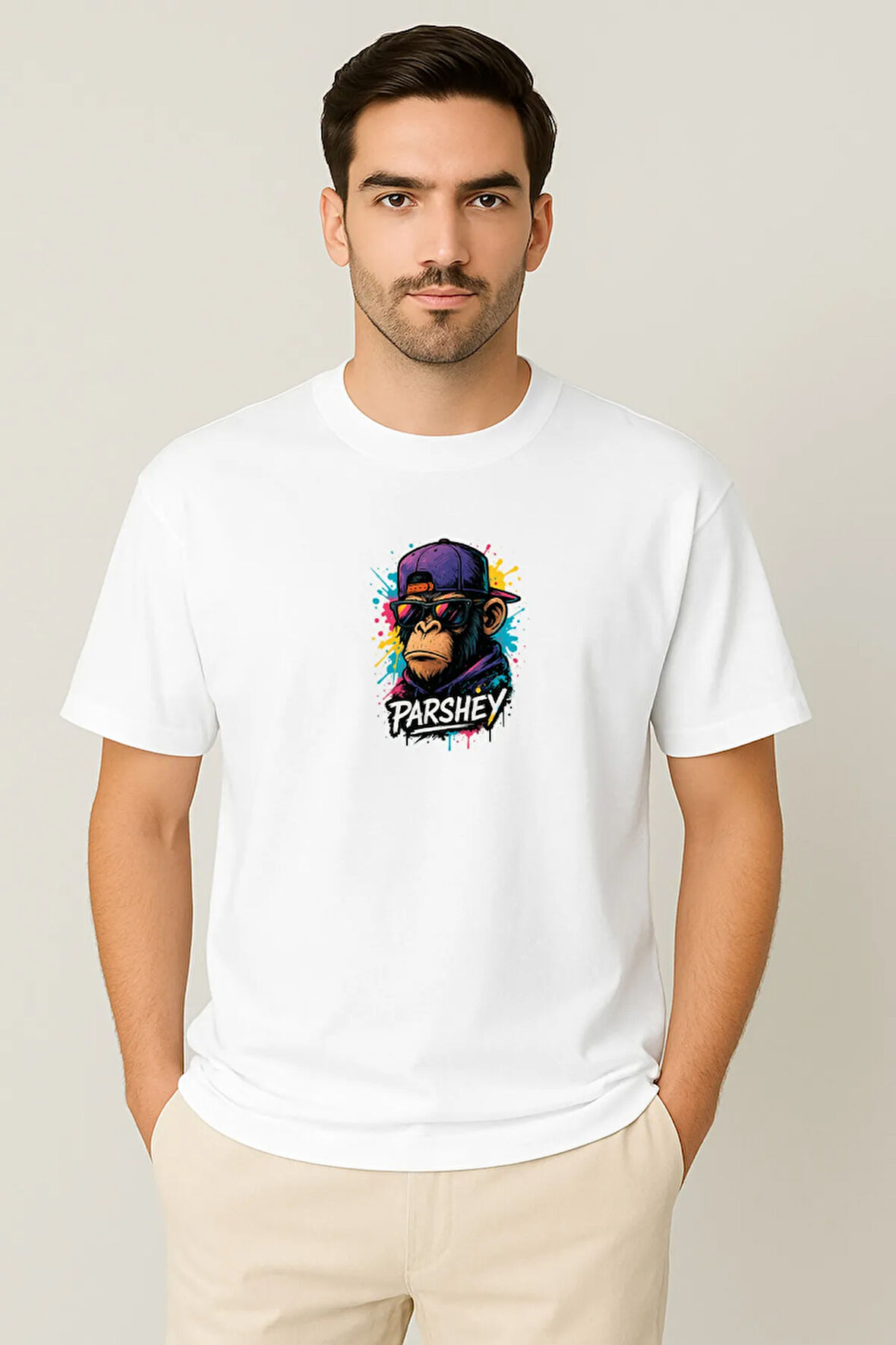 Erkek - Kadın Unisex Graffiti Maymun Baskılı Yarım Kollu Bisiklet Yaka %100 Pamuk Oversize T-shirt