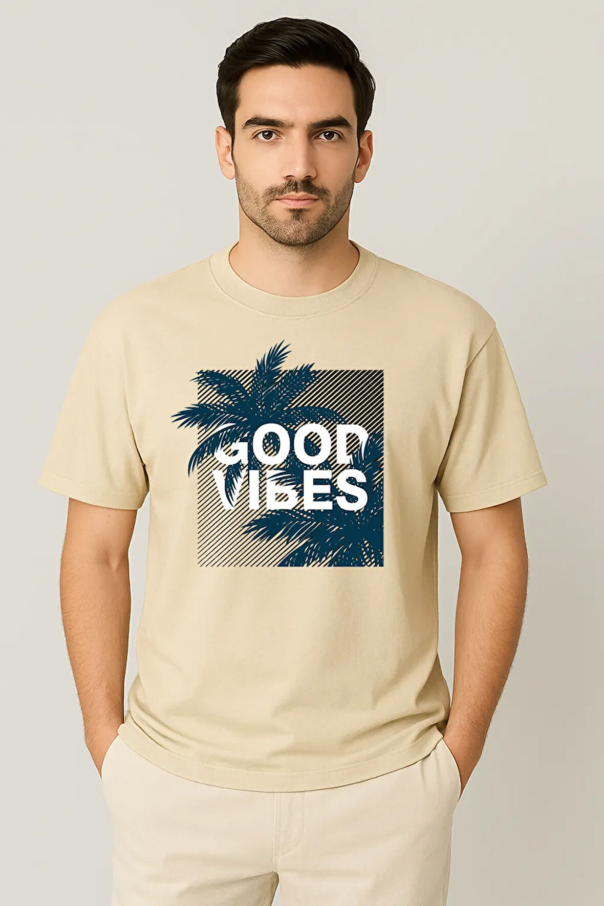 Erkek - Kadın %100 Pamuk Good Vibes Palmiye Desenli Baskılı Yarım Kollu Bisiklet Yaka T-Shirt
