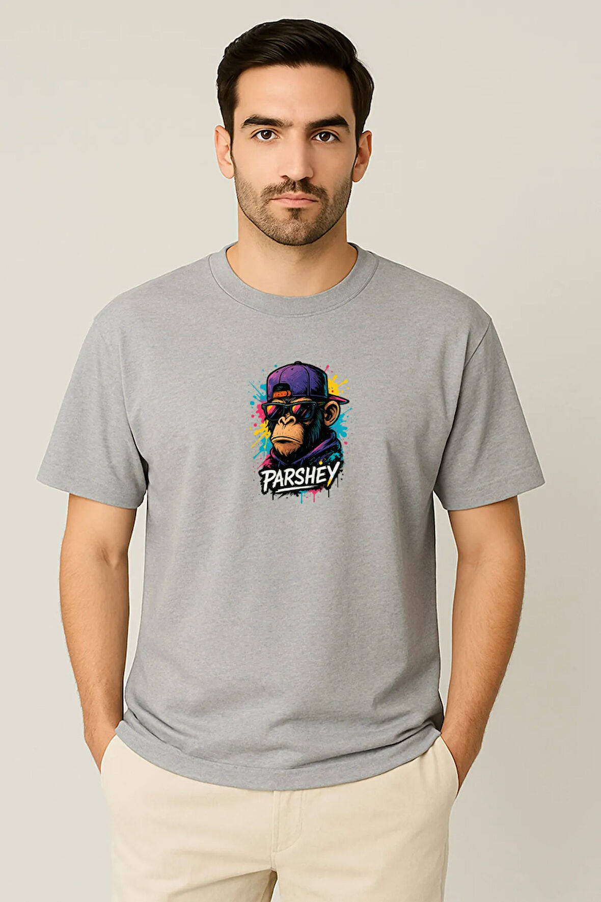 Erkek - Kadın Unisex Graffiti Maymun Baskılı Yarım Kollu Bisiklet Yaka %100 Pamuk Oversize T-shirt